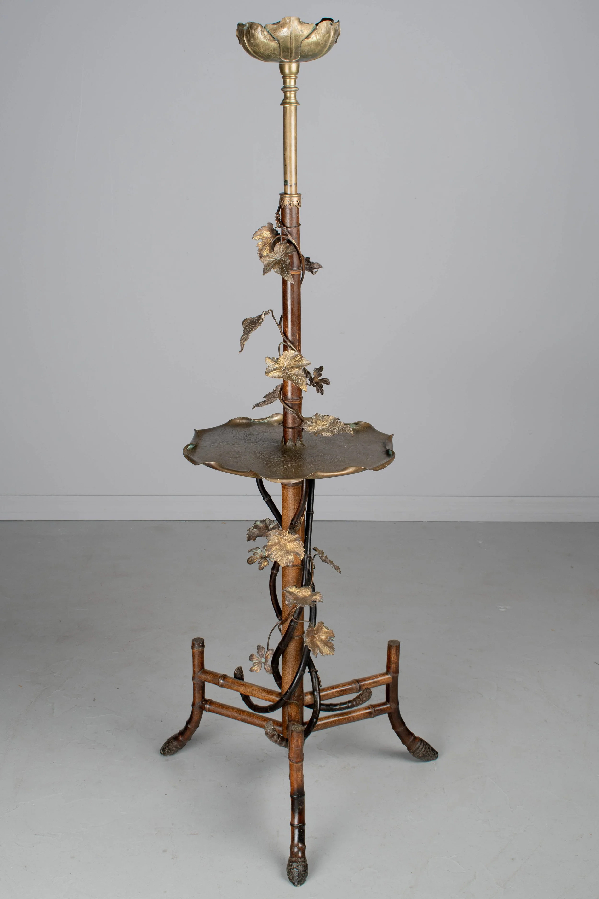 French Art Nouveau Bamboo Torchiere Floor Lamp with Table