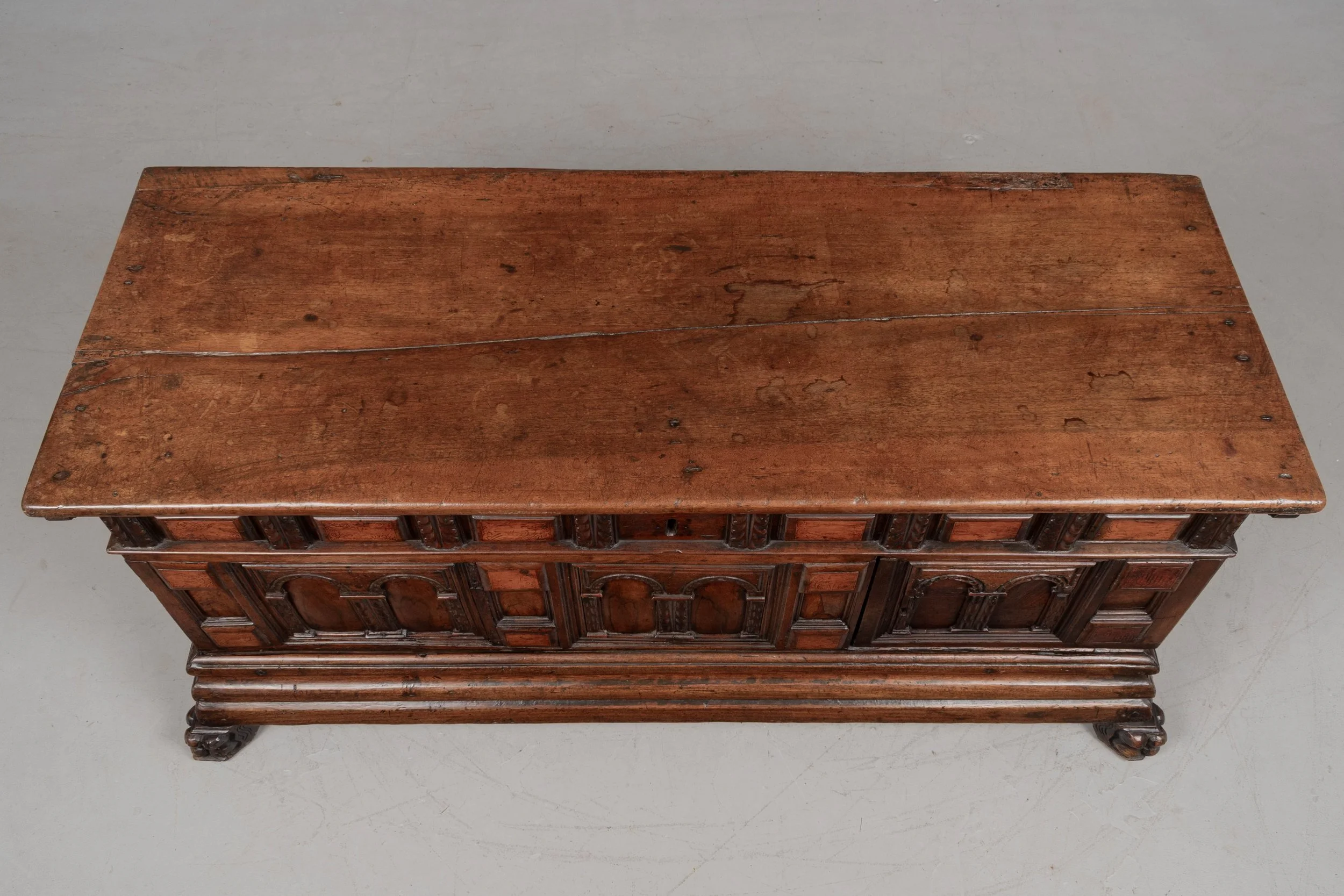 A suberb 18th century Italian Rennaissance style Baroque cassone, or marriage chest, made of solid walnut.