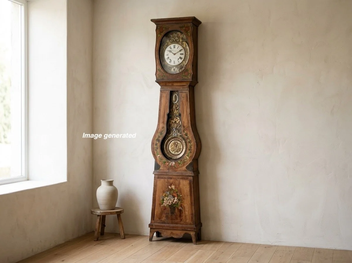 A 19th century Country French comtoise, or grandfather clock, with polychrome painted pine case and embossed brass pendulum.