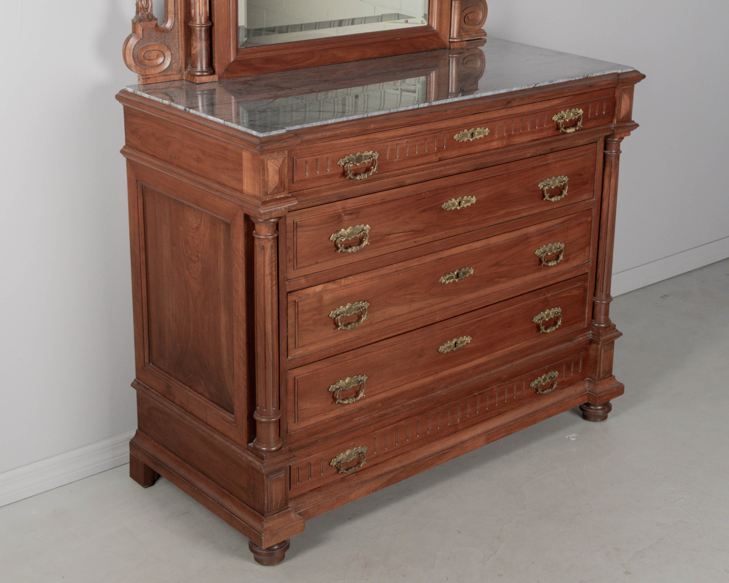 Italian Walnut Marble Top Dresser and Mirror