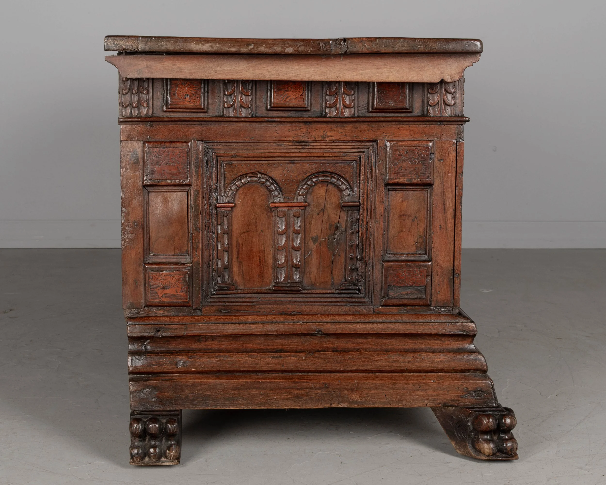 A suberb 18th century Italian Rennaissance style Baroque cassone, or marriage chest, made of solid walnut.