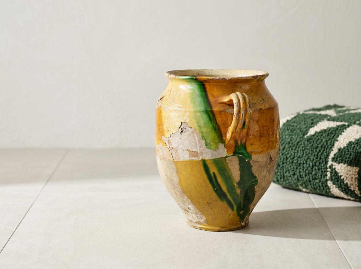A 19th century French earthenware pot à confit with traditional yellow glaze with green drips.