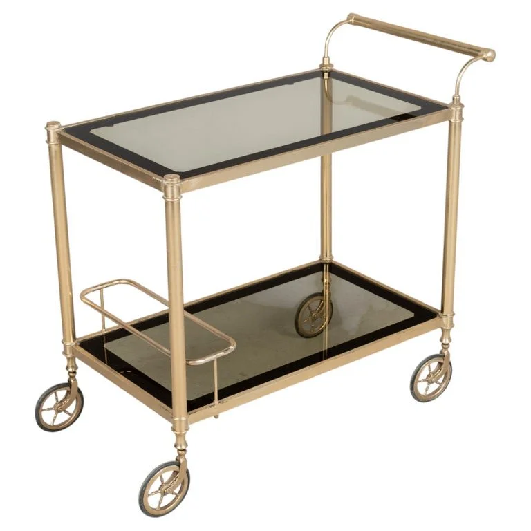 Italian Brass Bar Cart with Smoked Glass Shelves 1970s