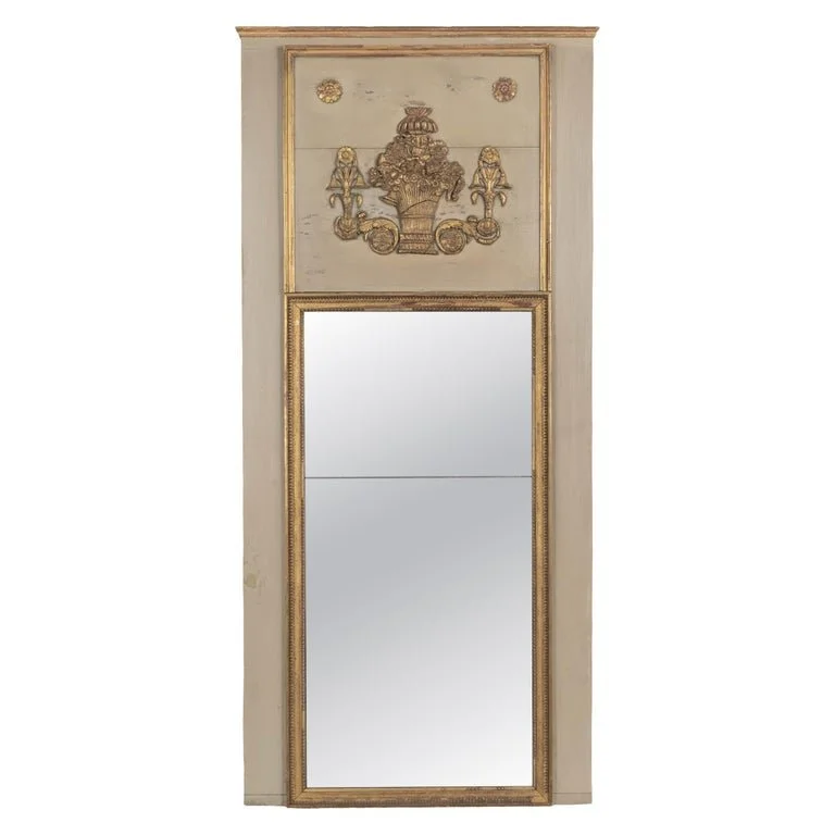 Louis XVI Style Trumeau Mirror, Painted Pine Frame, Gilded Trim, 1900s