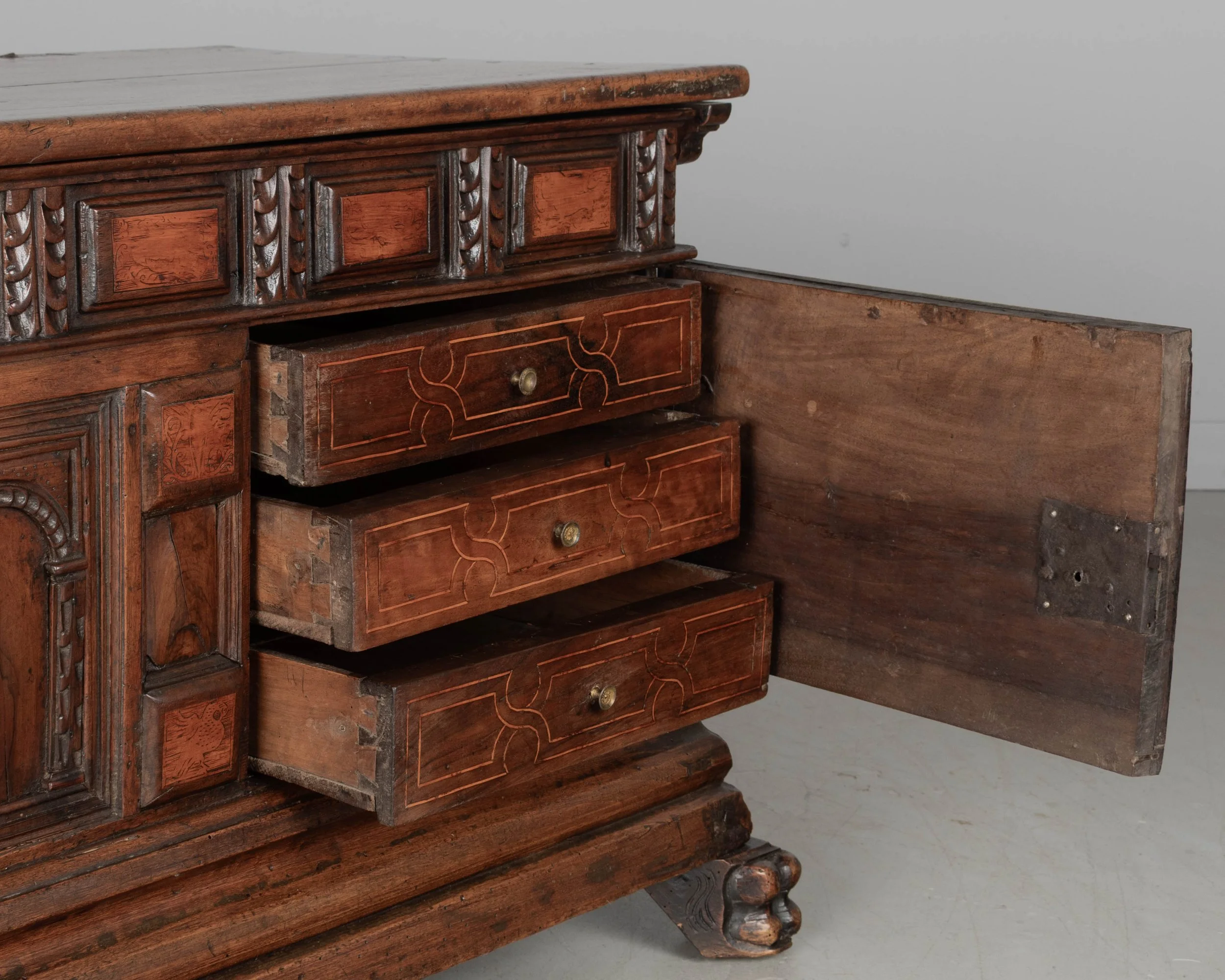 A suberb 18th century Italian Rennaissance style Baroque cassone, or marriage chest, made of solid walnut.