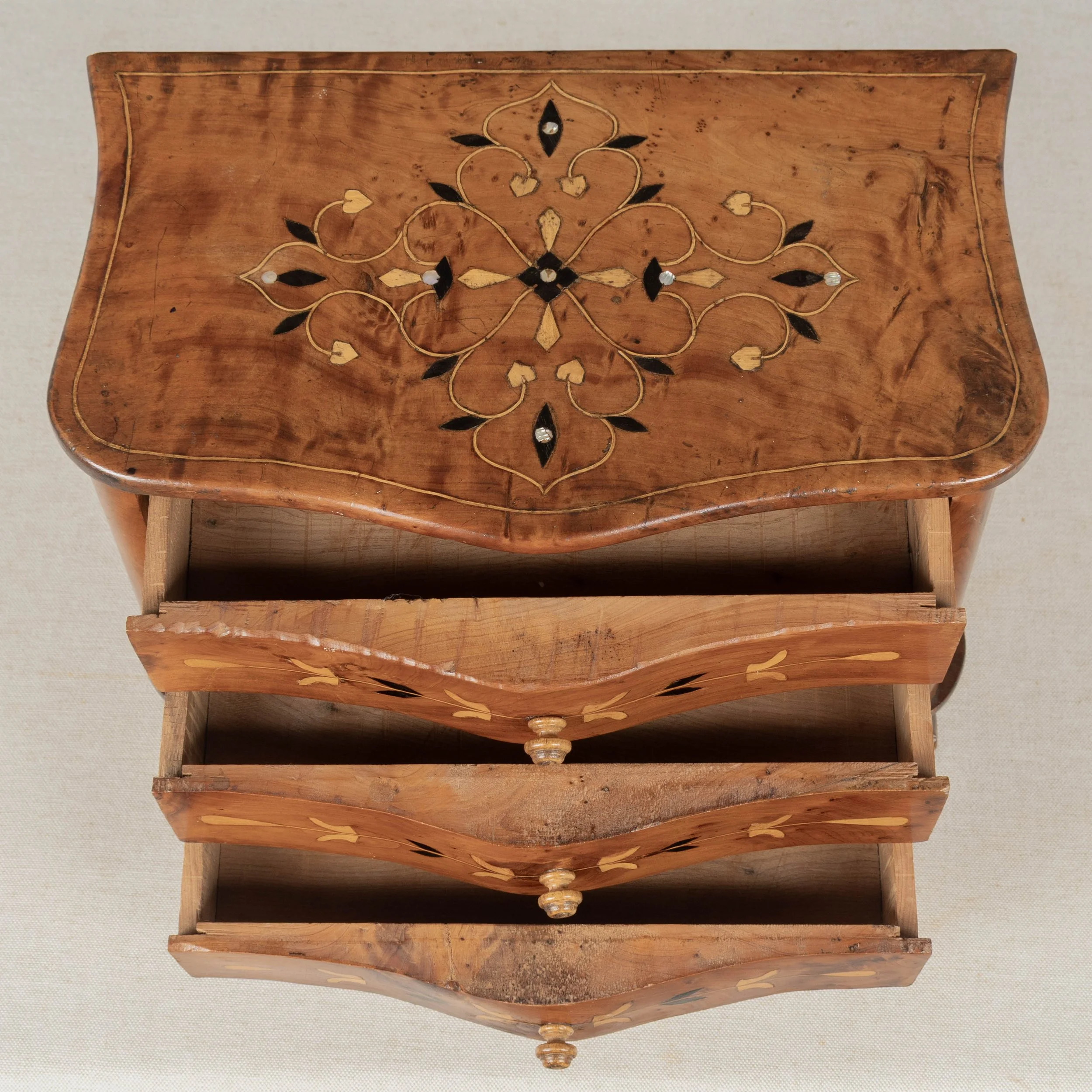 French Louis XV Miniature Commode, Solid Cherry with Inlay,