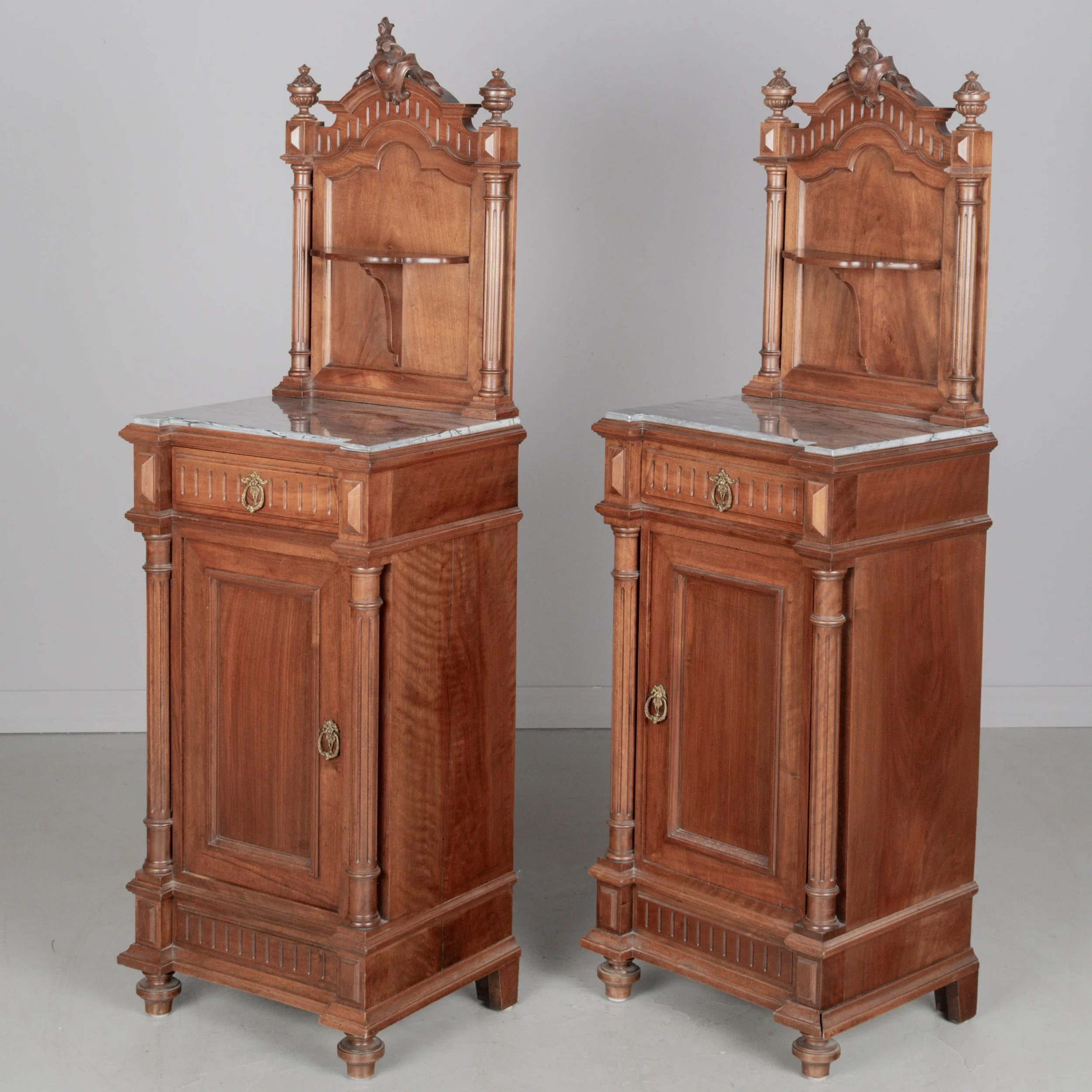 Pair of Italian Walnut Marble Top Nightstands