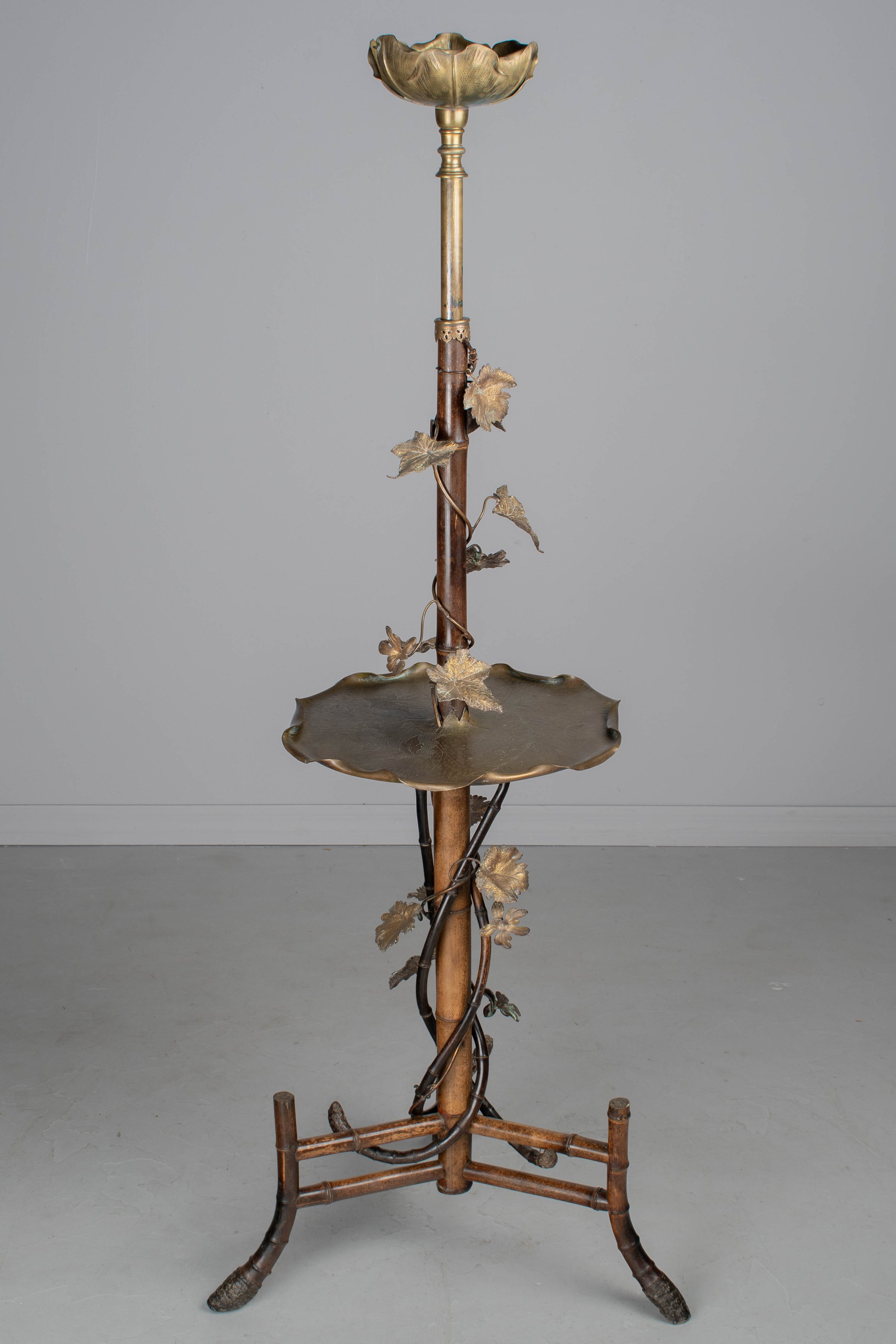 French Art Nouveau Bamboo Torchiere Floor Lamp with Table