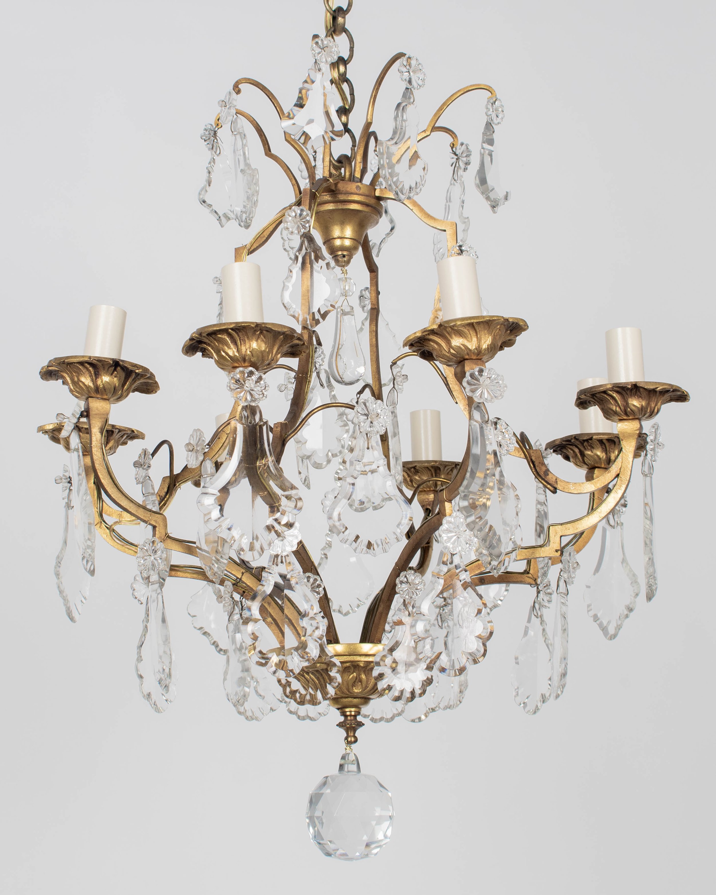 Early 1900's Louis XV Style Brass and Prism Chandelier 8 Lights