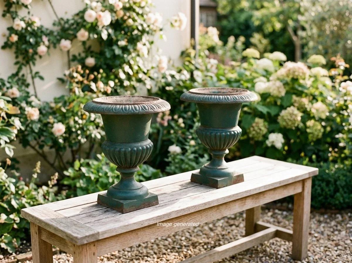 Pair of French Cast Iron Garden Urns