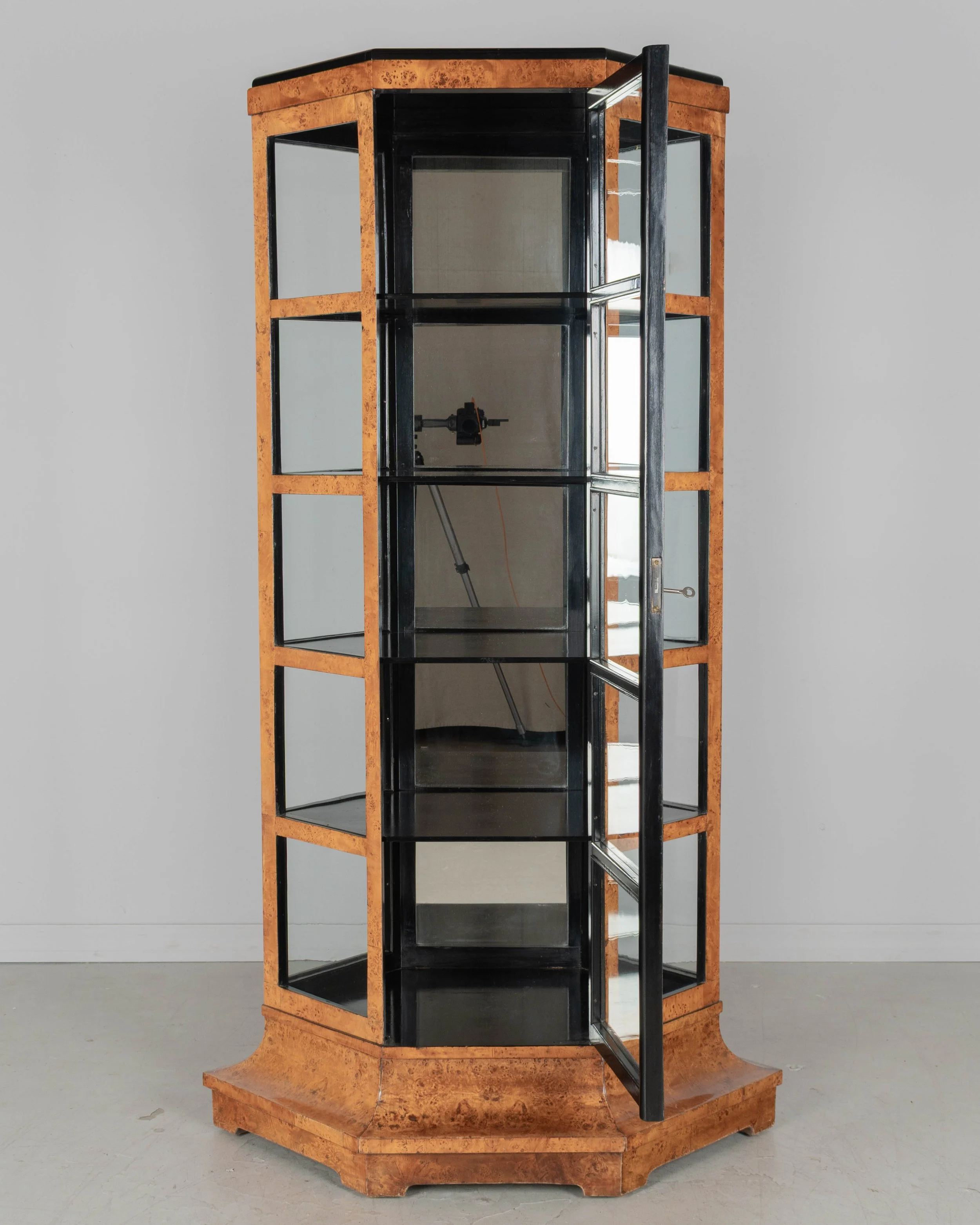 Biedermeier Hexagonal Vitrine, Elm Wood & Glass,