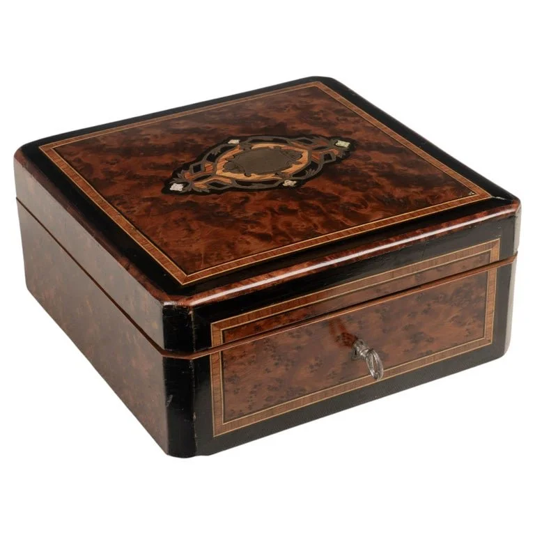 19th Century Napoleon III Marquetry Box, Mother of Pearl Inlay