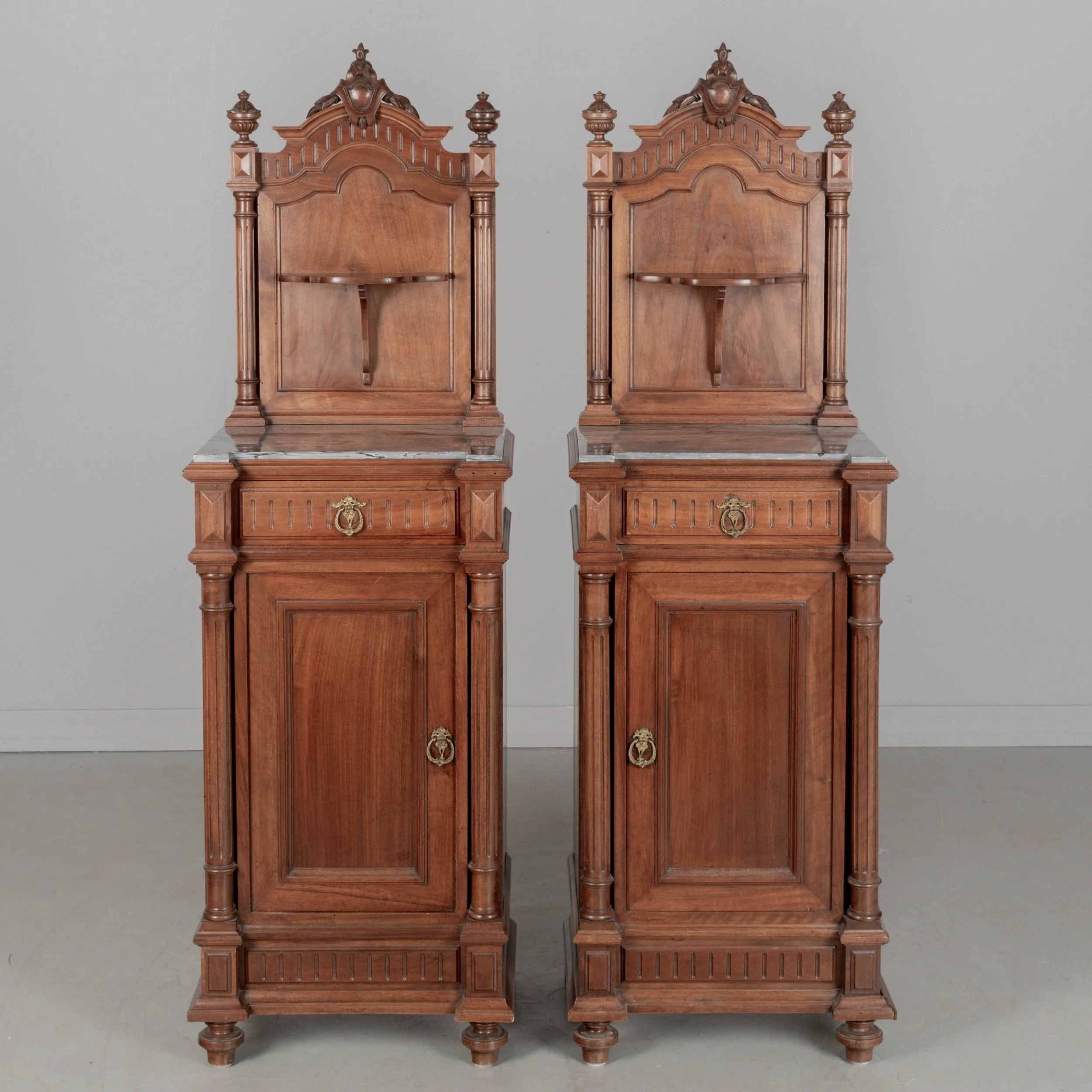Pair of Italian Walnut Marble Top Nightstands