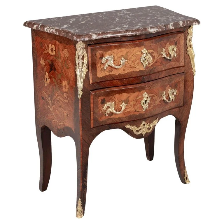 French Louis XV Style Marble Top Marquetry Commode