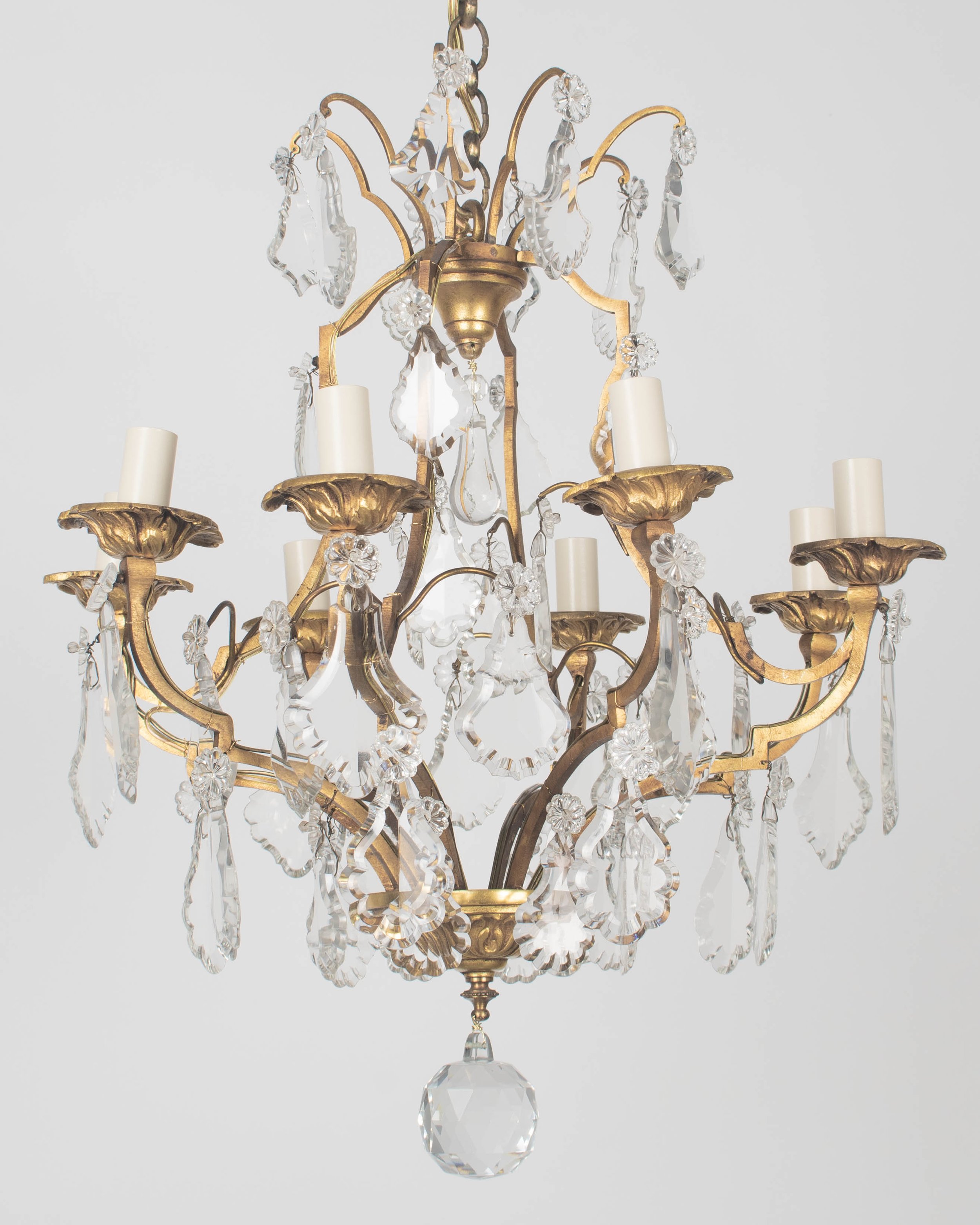 Early 1900's Louis XV Style Brass and Prism Chandelier 8 Lights