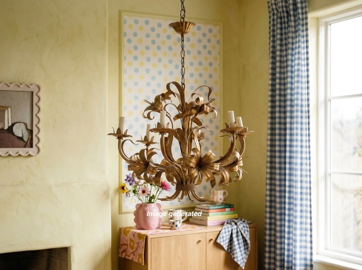 A Hollywood Regency style six-light gilt metal chandelier with tôle lily flowers.
