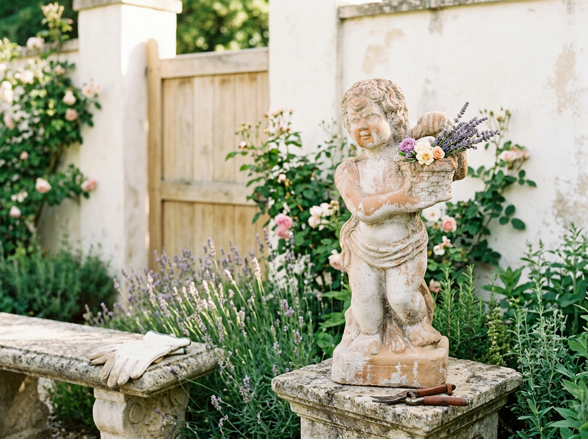 A French terracotta garden statue of a cherubic child holding a flower basket.