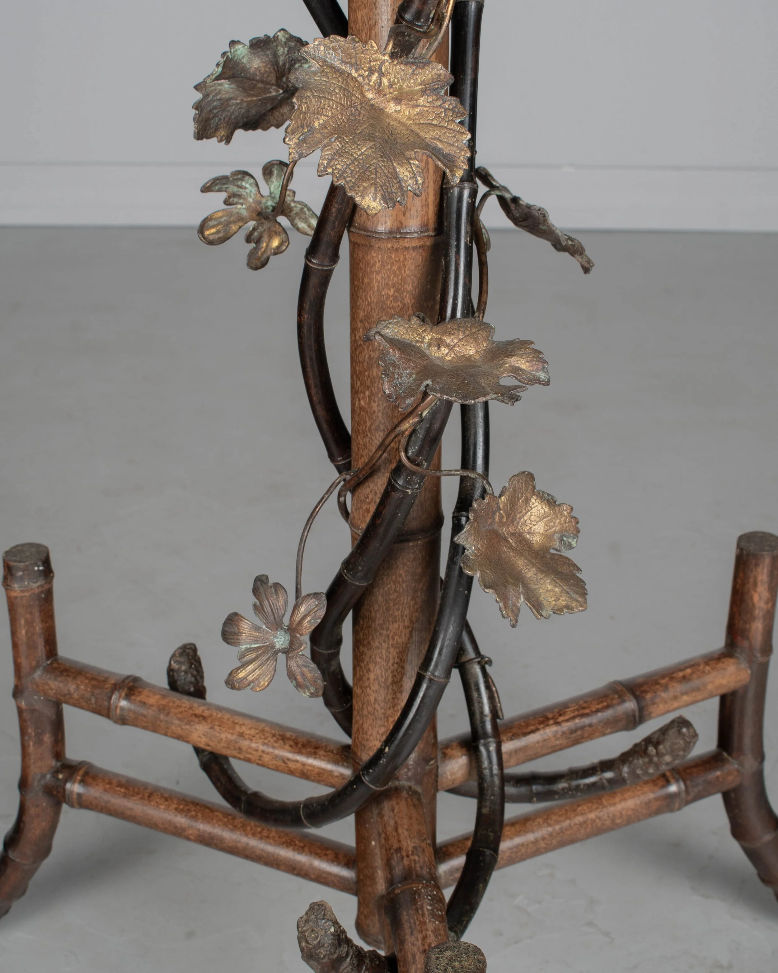 French Art Nouveau Bamboo Torchiere Floor Lamp with Table