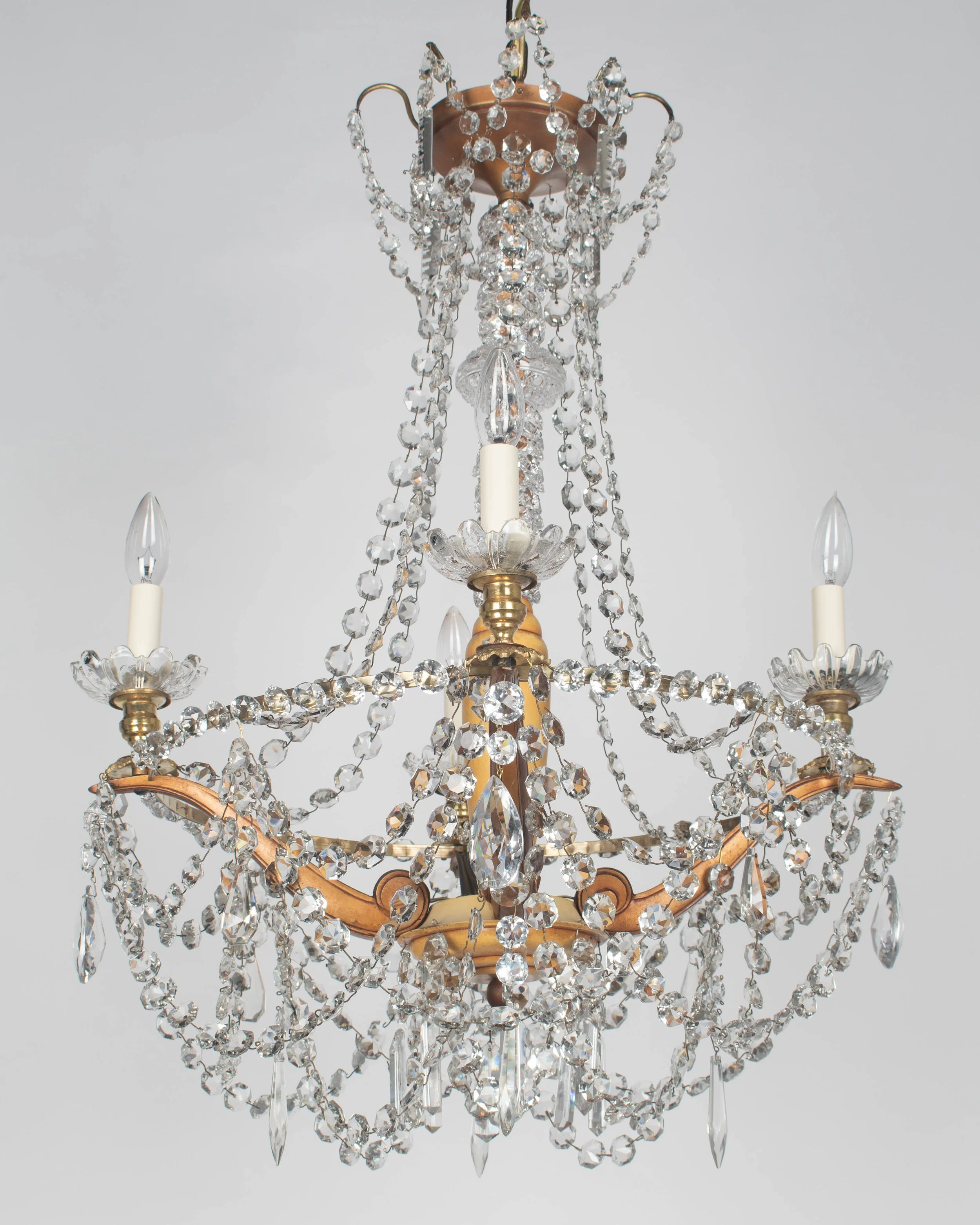 French Art Deco Brass and Crystal Chandelier 4 Lights