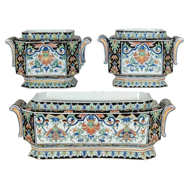 19th Century French Desvres Jardinière and Cachepot Set of 3