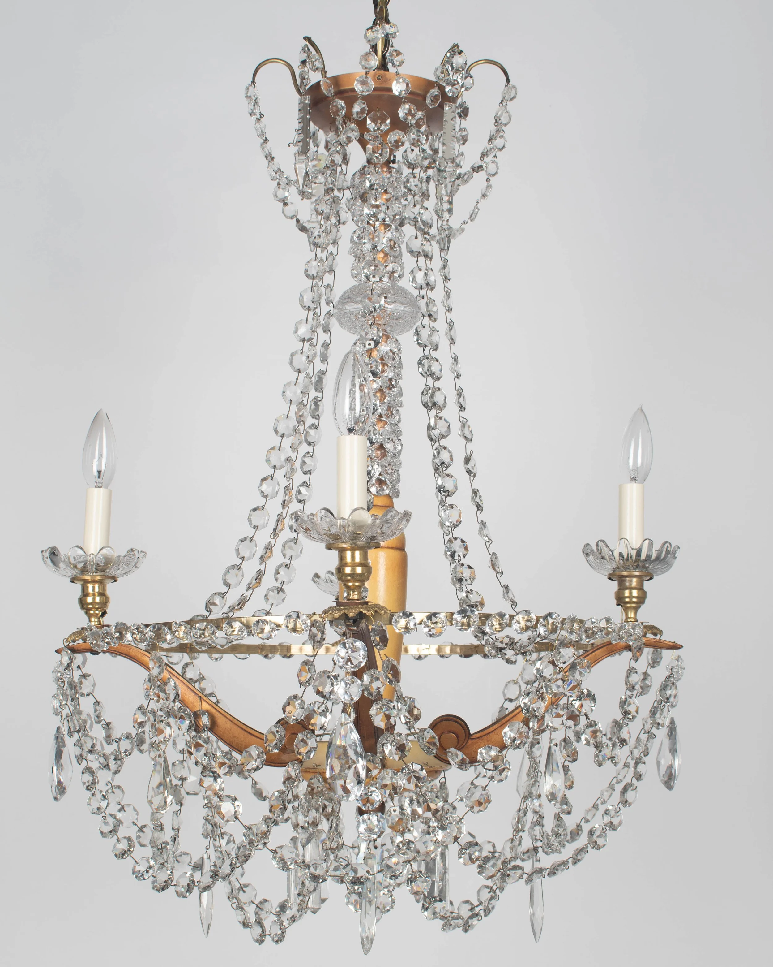 French Art Deco Brass and Crystal Chandelier 4 Lights