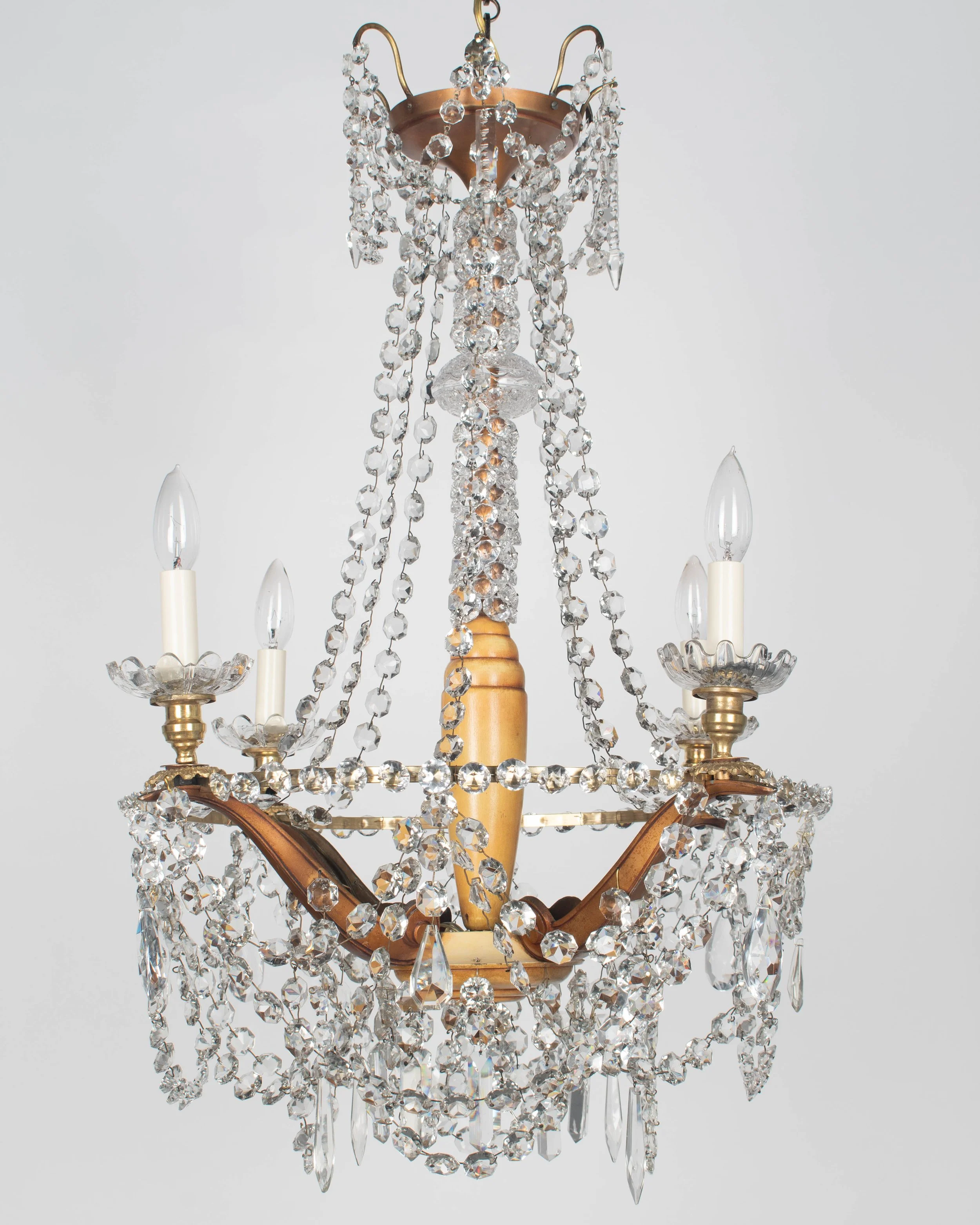 French Art Deco Brass and Crystal Chandelier 4 Lights
