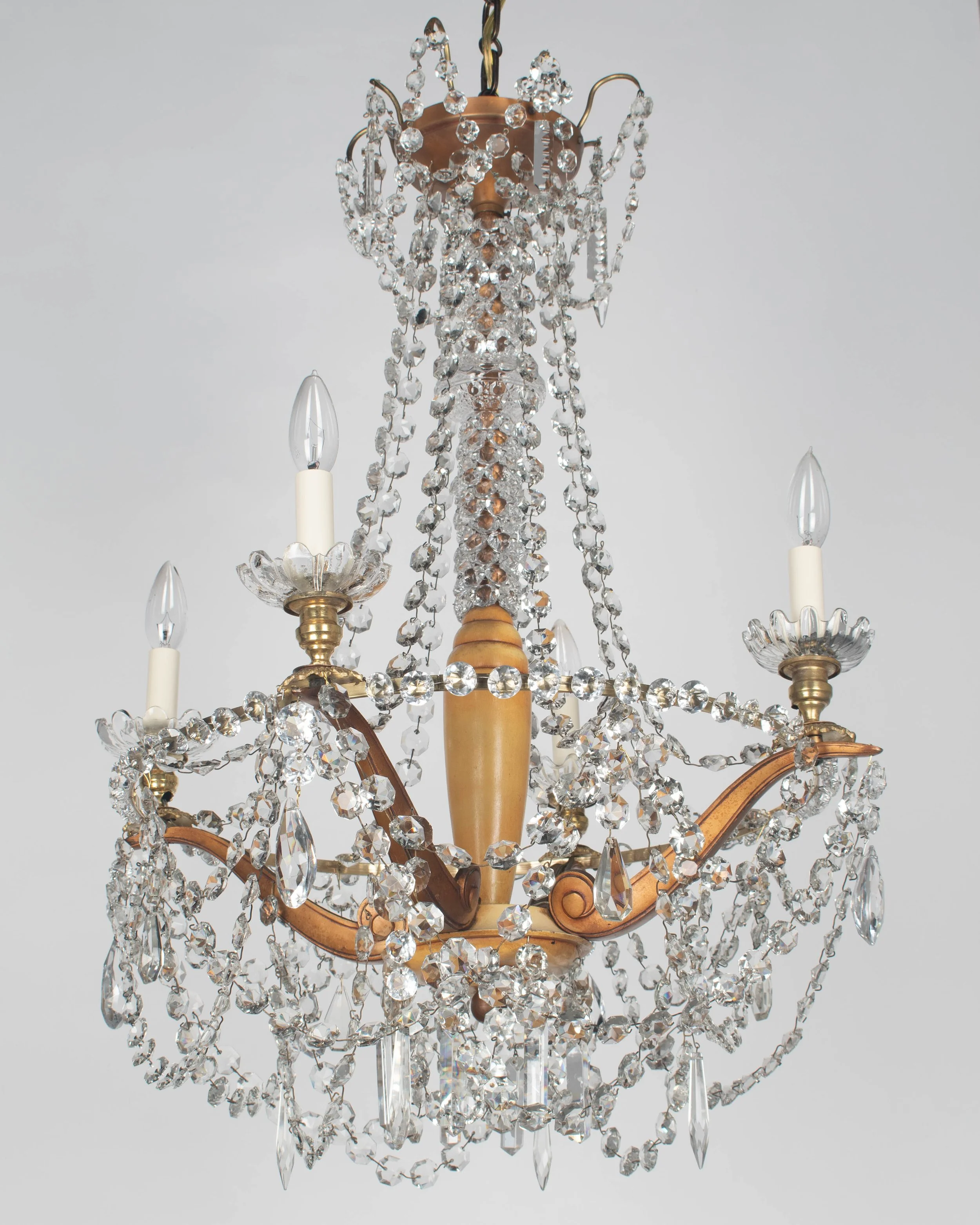 French Art Deco Brass and Crystal Chandelier 4 Lights