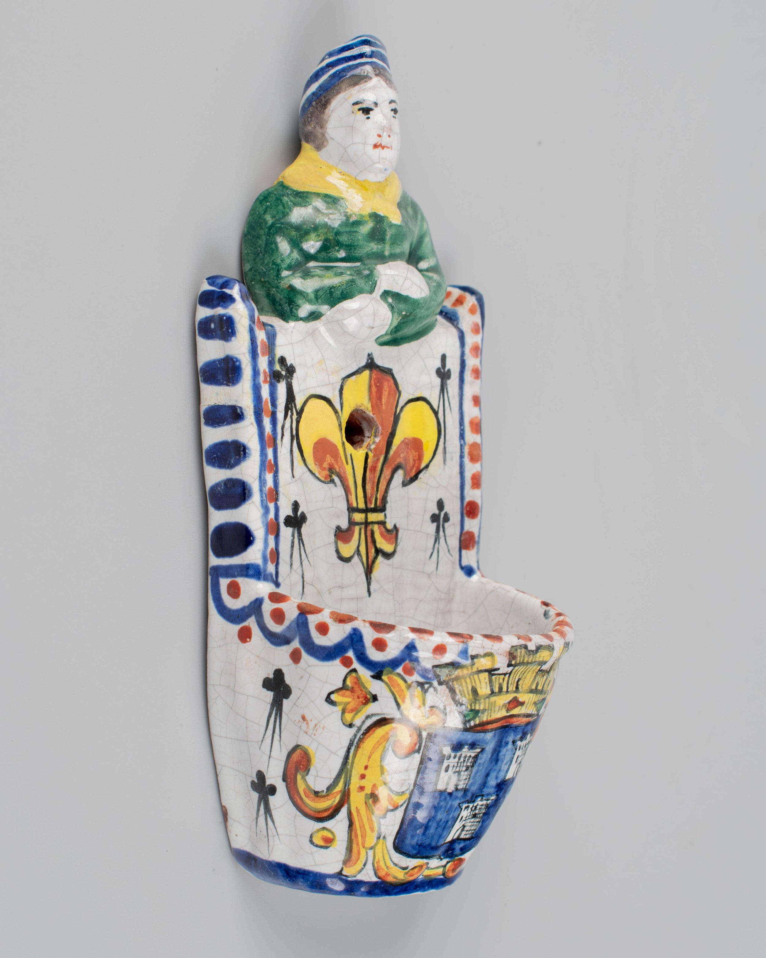 19th Century French Faience Bénitier, or Wall Pocket, Hand-Painted