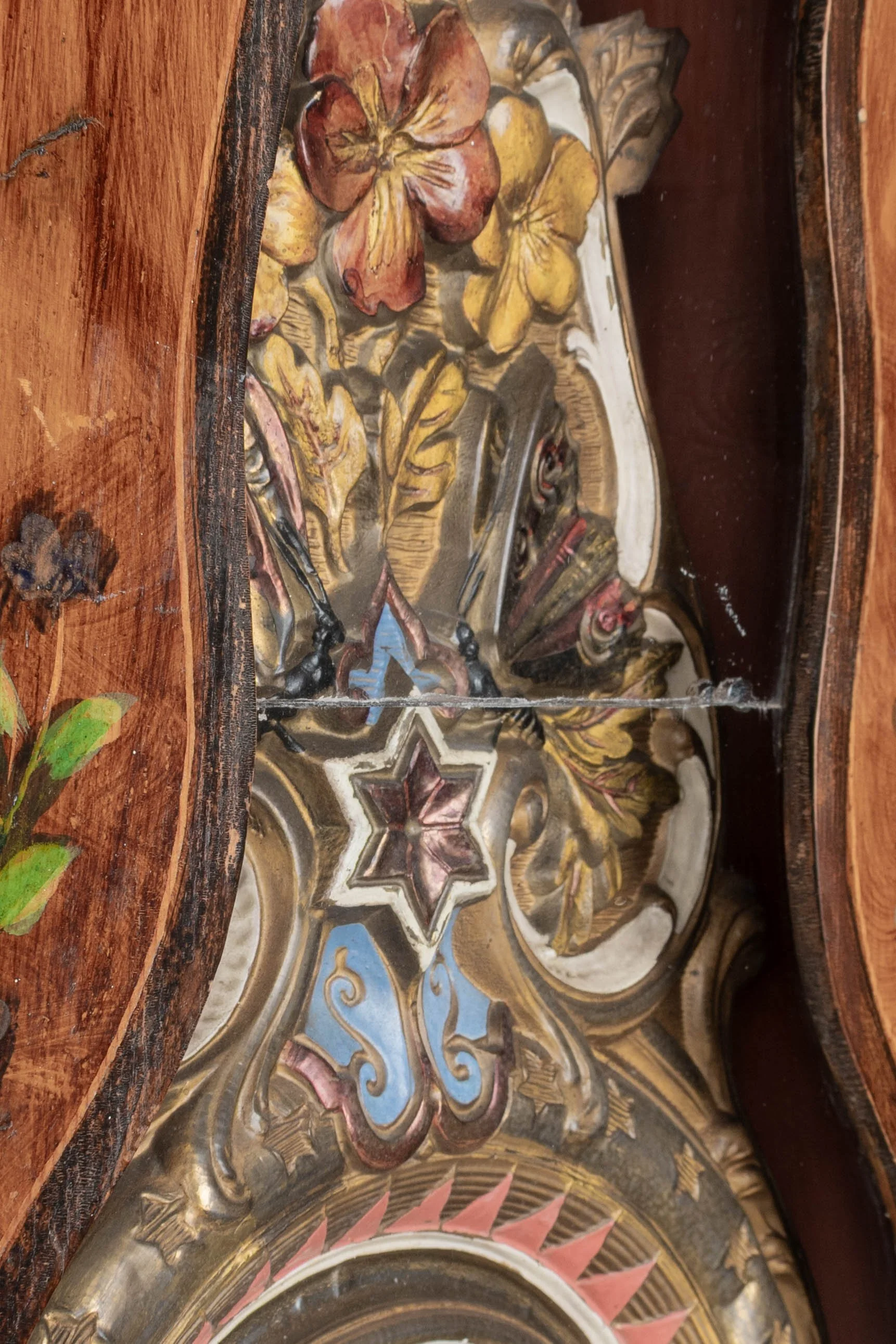 19th century Country French comtoise, or grandfather clock, with polychrome painted pine case and embossed brass pendulum.