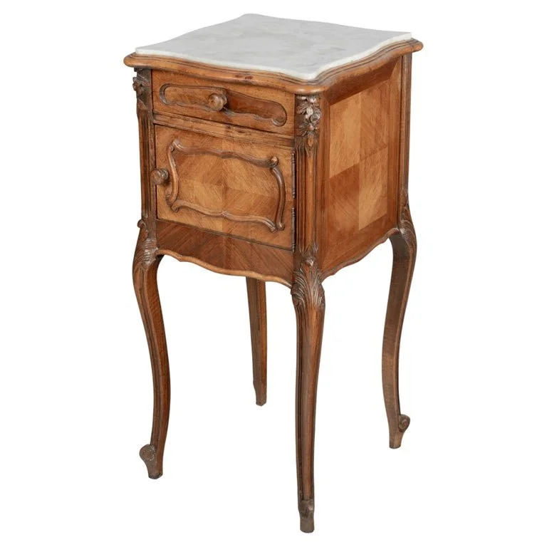 French Louis XV Style Nightstand, Walnut with Marble Top,