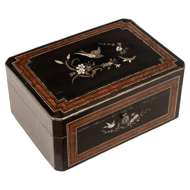 19th Century Napoleon III Marquetry Box, Mother of Pearl Inlay