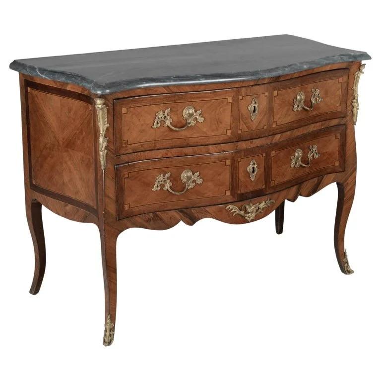 Louis XV Commode Sauteuse with Marquetry and Turquin Marble, c. 1750