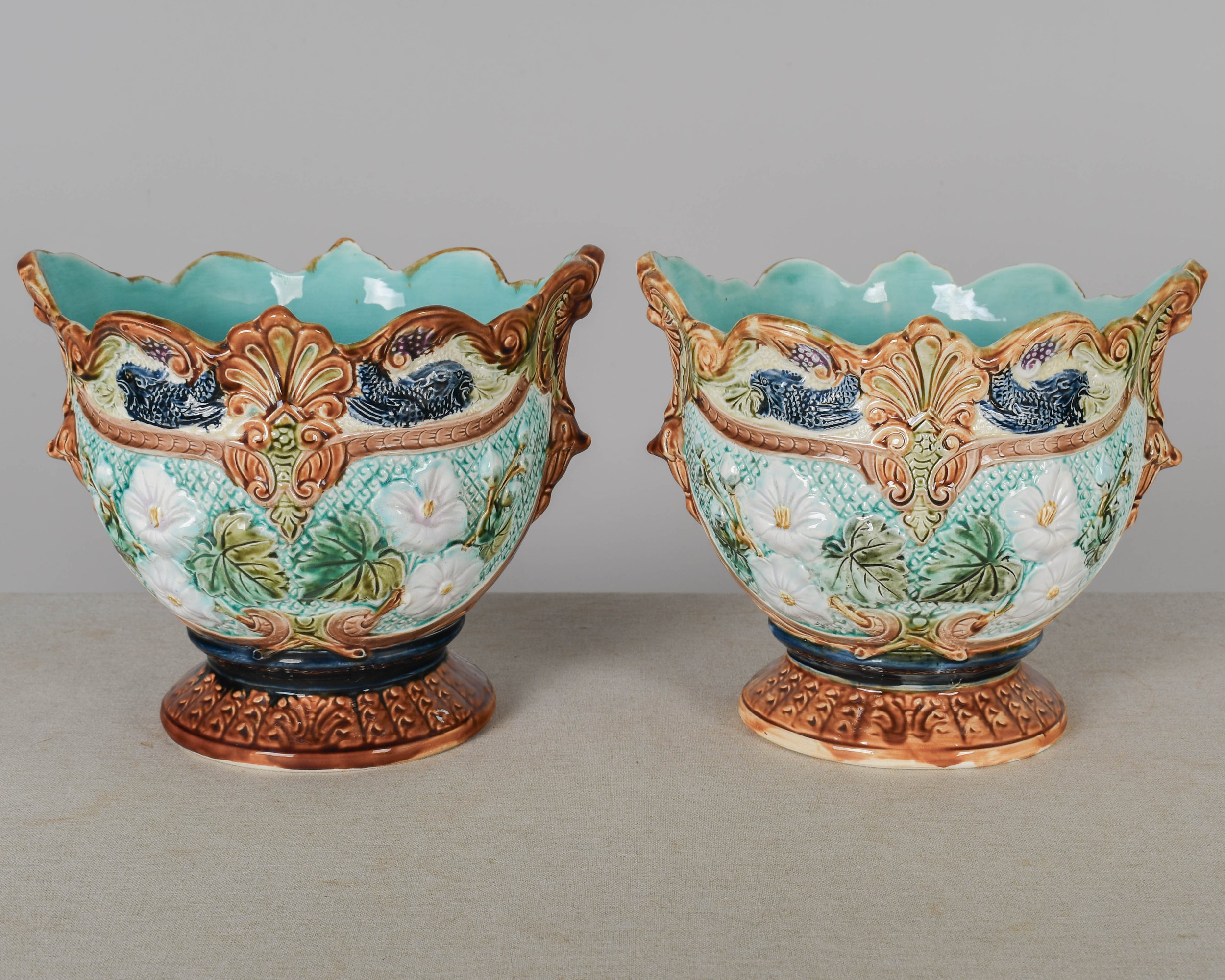 19th Century French Majolica Cache Pots, a Pair