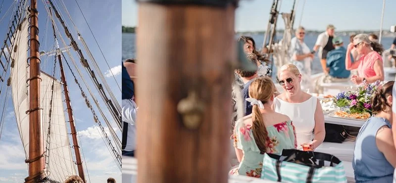 Guests and wedding day details aboard Schooner Lannon, Gloucester MA
