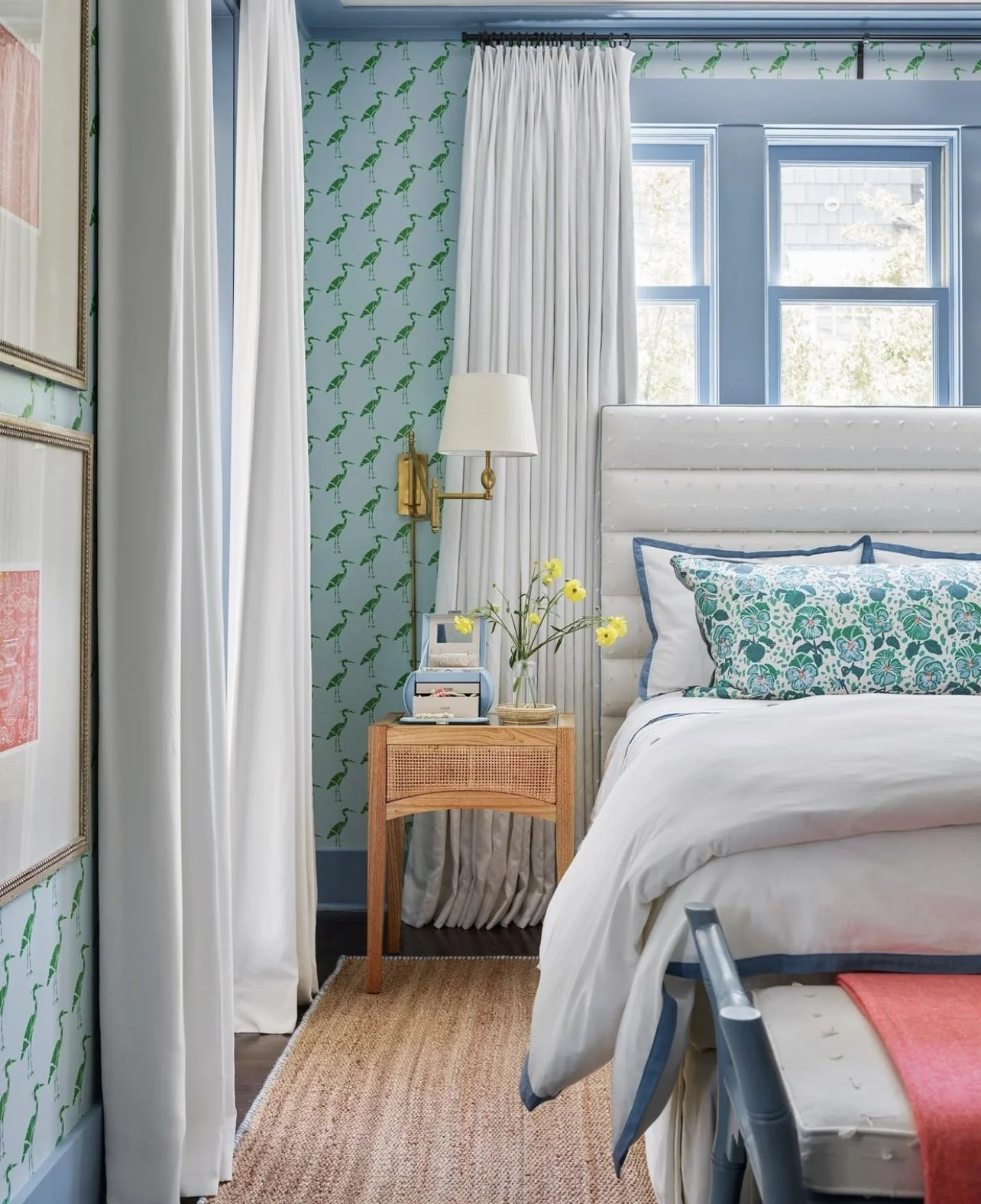 the creativity is limitless and here Laura Zender Designs in Detroit shows her talent in this summer-inspired bedroom with our Heron Marbled pattern in Minty