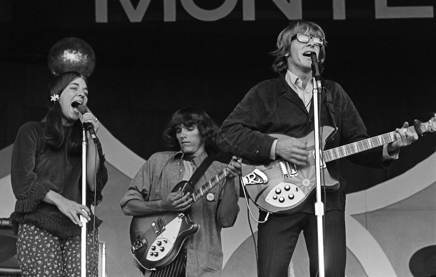Signe Anderson (left), Jorma Kaukonen (center) and Paul Kantner (right) at the Monterey Jazz Festival, 1966