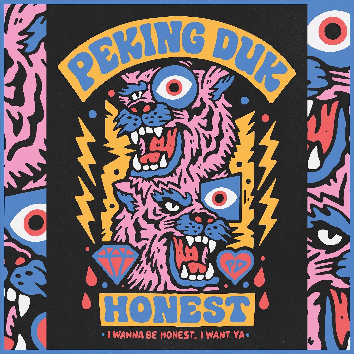 Shirt artwork for @pekingduk based around their single HONEST, featuring @slayyyter and @klpmusic. For this one I took lots of inspo from their psychedelic claymation music video for the song. Ended up with some cute whacked out tigers&hellip; it&rsq