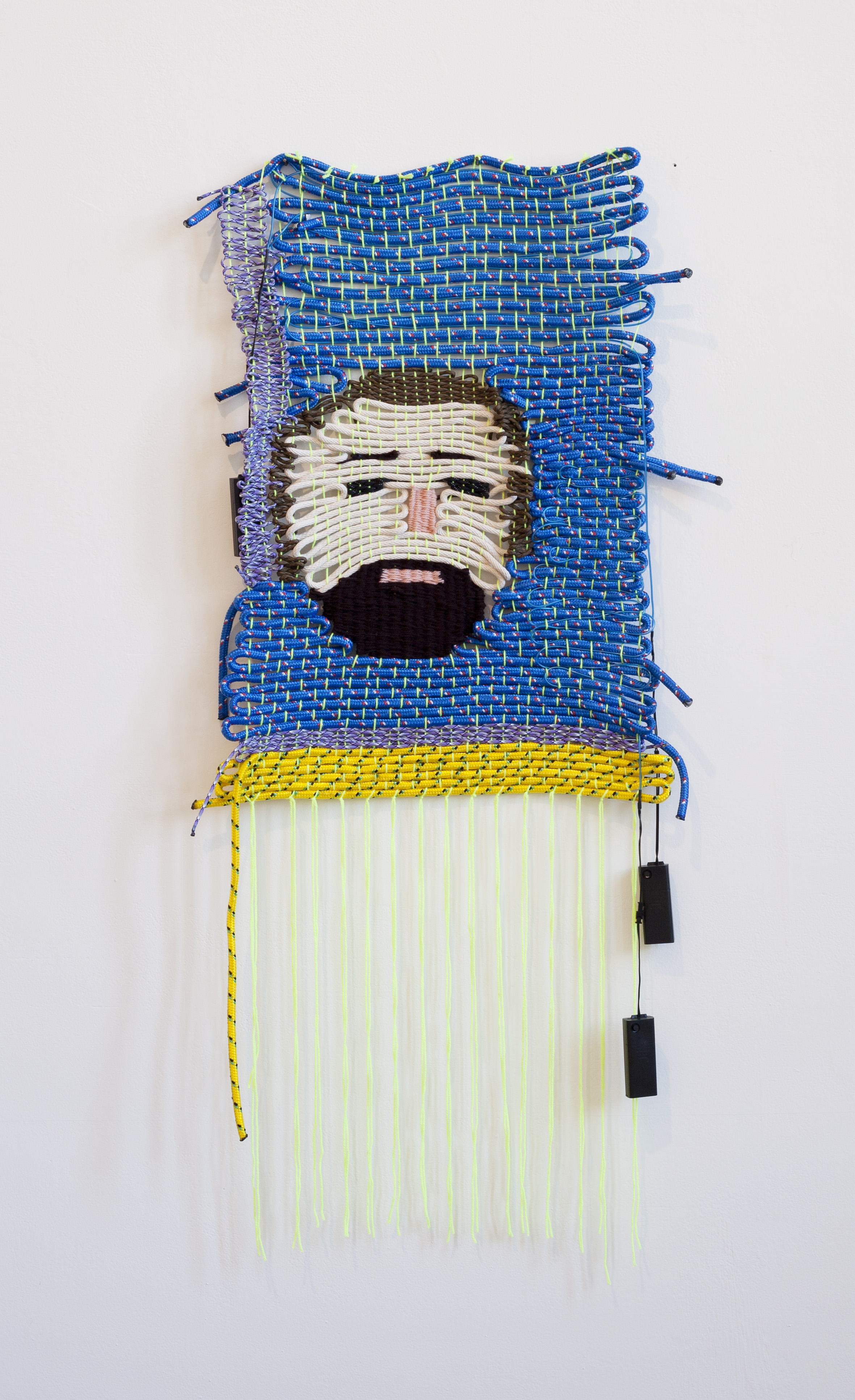 You want me baby xx, 2015 Wool, polypropene rope, paracord, cotton sash cord, and electroluminescent wire. 130 x 50cm Photo by Nathan Brooker