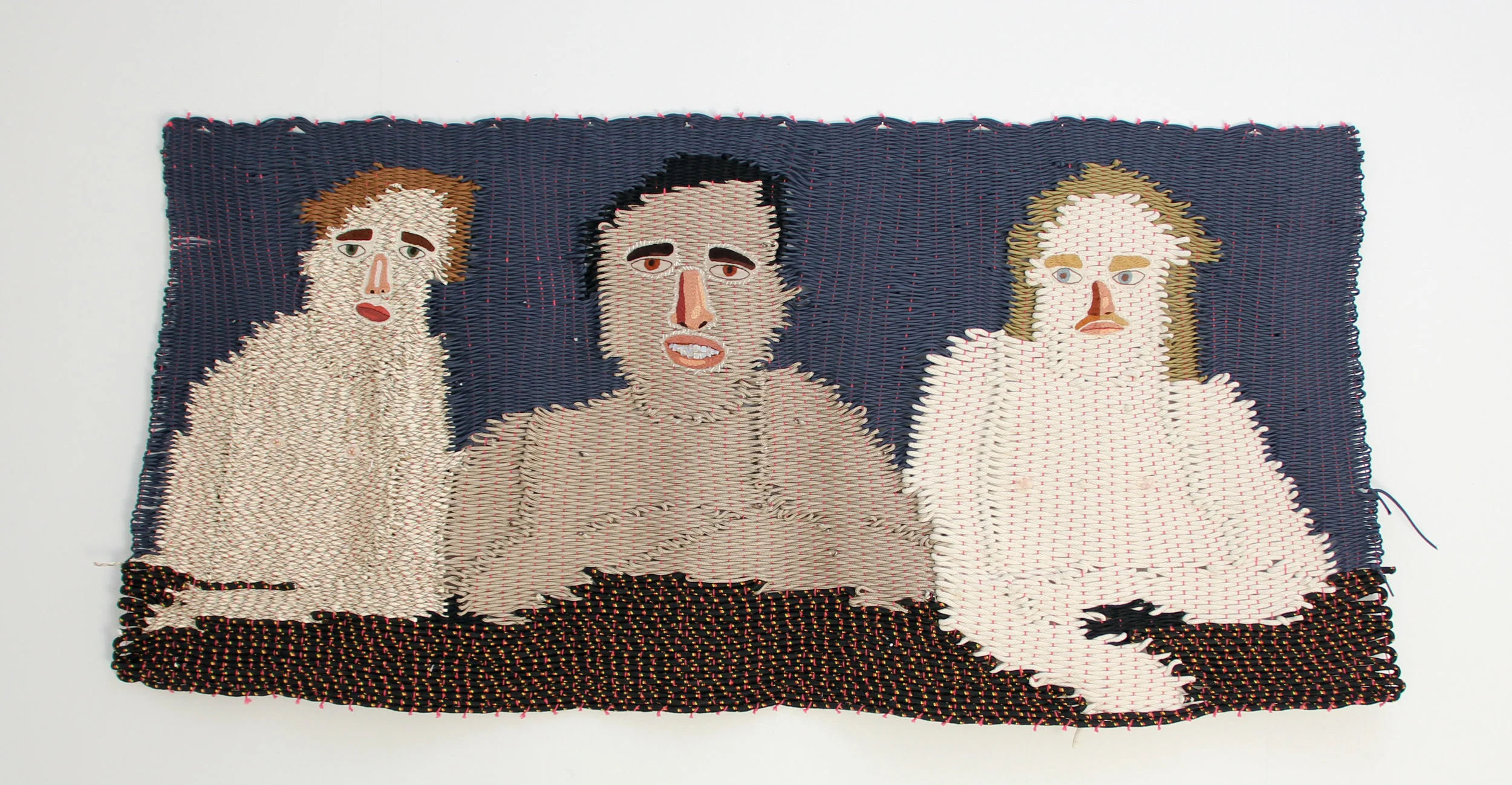 The Three Graces (Dan, Blake and Harry: Want to get gang raped?) , 2017 Cotton Sash Cord, Polyrope, Paracord, Cotton, Acrylic Yarn, Rose Quartz, Fresh Water Pearls, Moonstone. 176cm x 84cm Photo by Hock Hong Choo