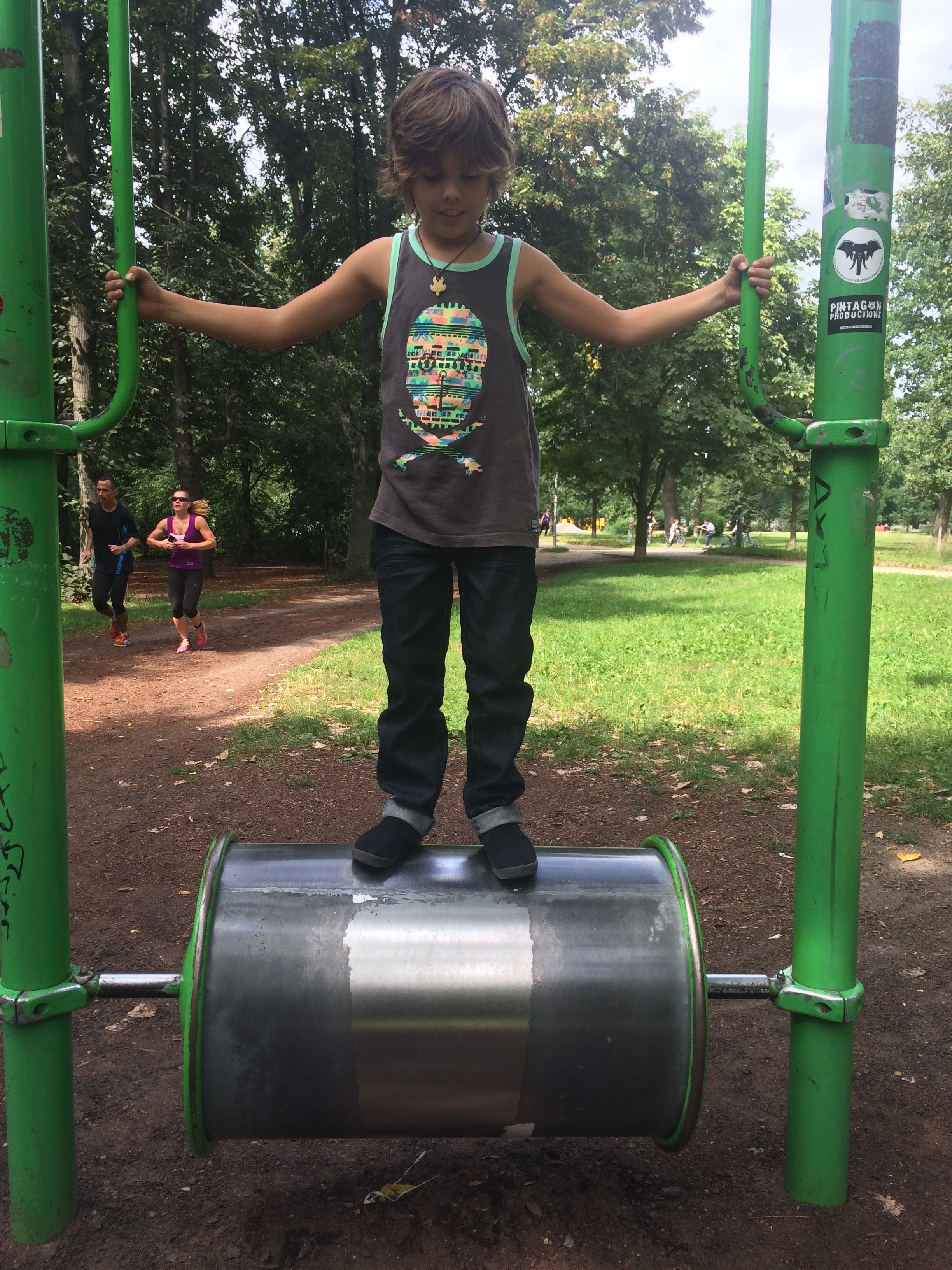 I went to the park and found a climbing wall, and i fell off the climbing wall onto the sand.i had a head ache afterwards. This was a type of running machine. 