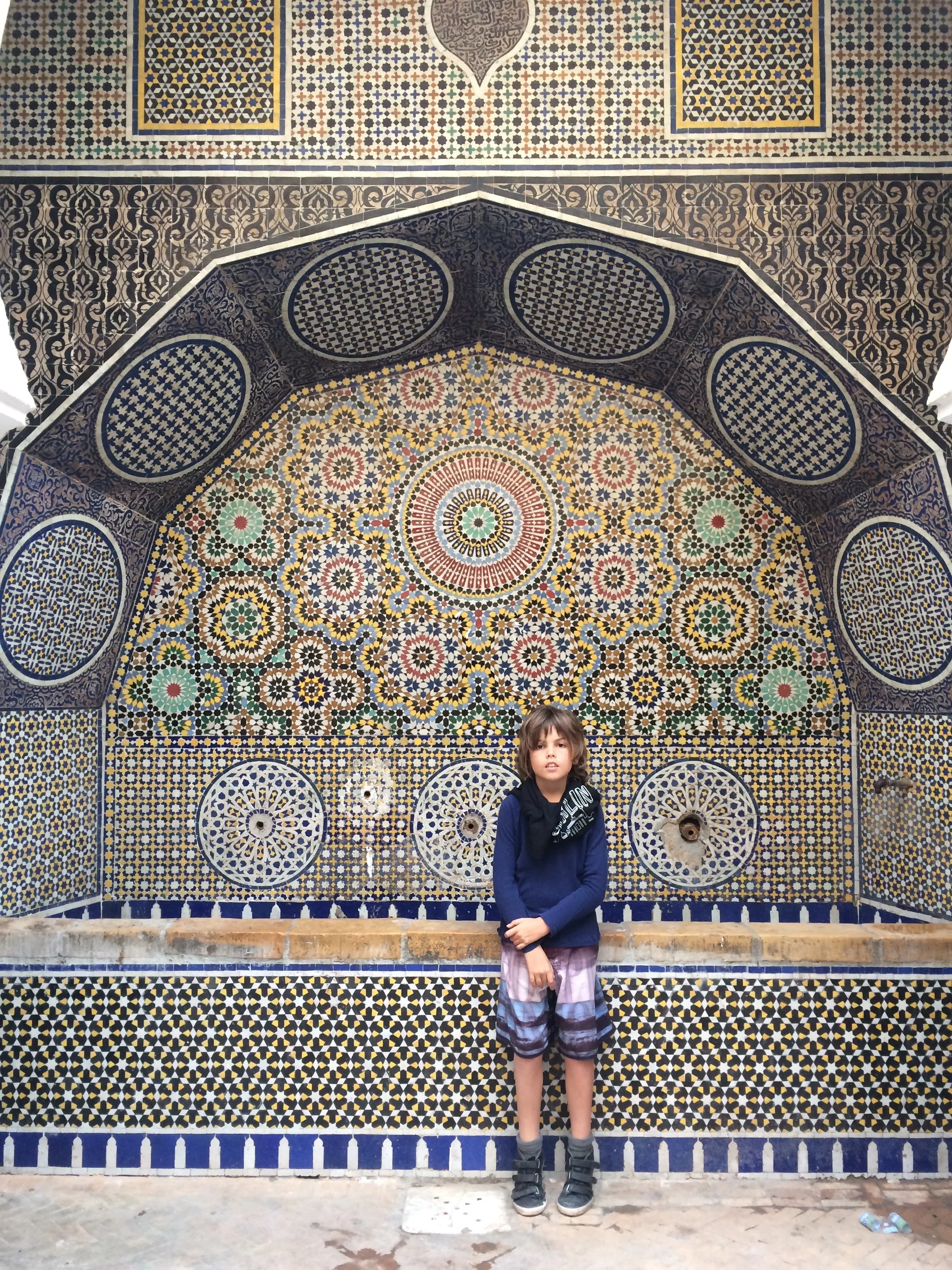 Fez has a lot of water fountains. It used to be the only water source. The tiles are called mosaics, and it is done in a muslim design. I love the pattern but it makes me dizzy as well. Thats what I like about them. I thought Fez was amazing. We saw all of these things we haven't seen before. 