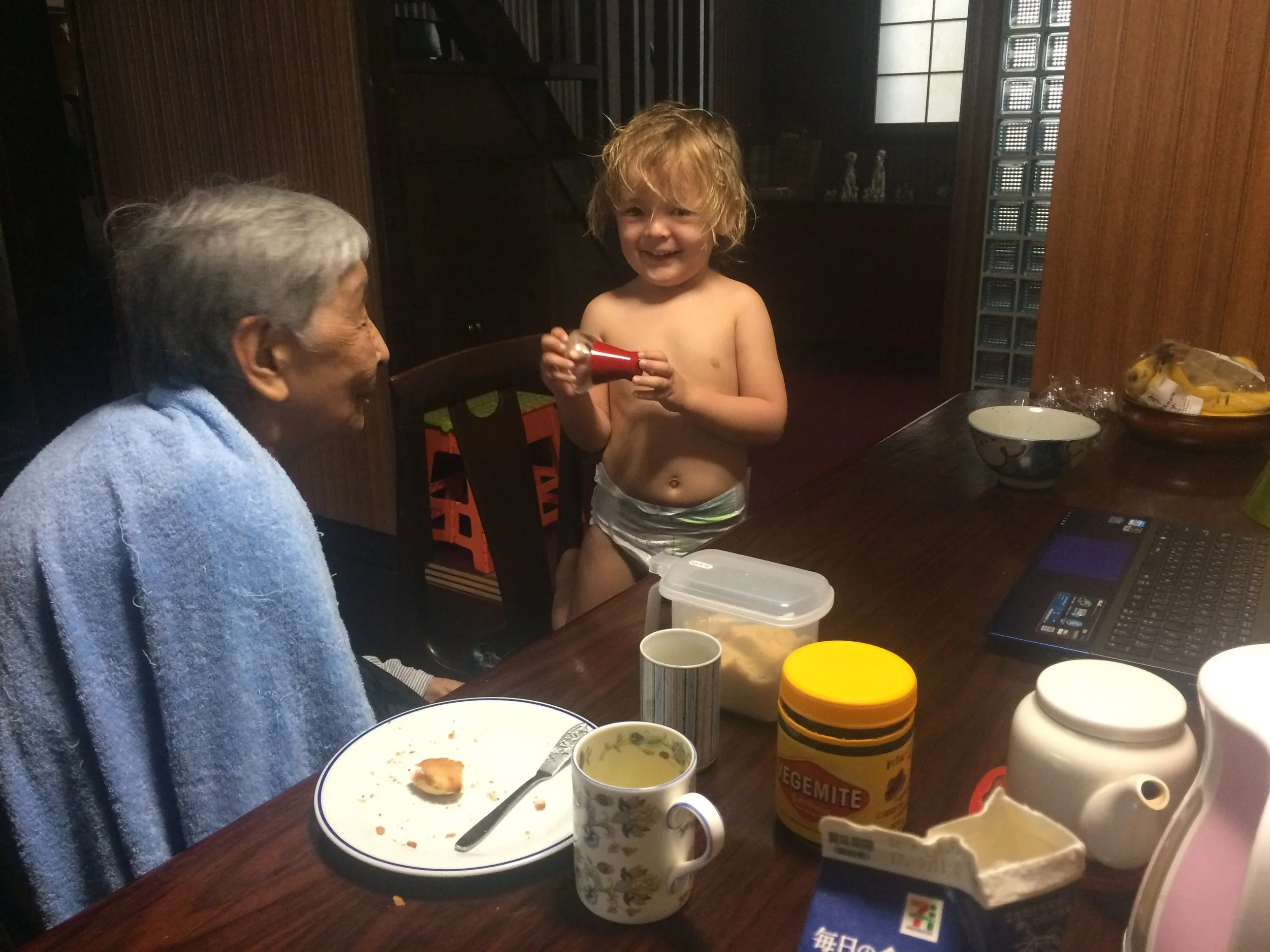 the person next to hugo in hiroshi's house is hiroshis mother.Hiroshi's mum's name is Hari-san. Hari-san is really old and she loved playing with Hugo. We went for a few walks together, but she couldn't walk that far. we went to japanese Denny'…