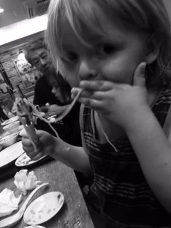 this is when we were in a Japanese restaurant the food was the best but hugo gets so messy.