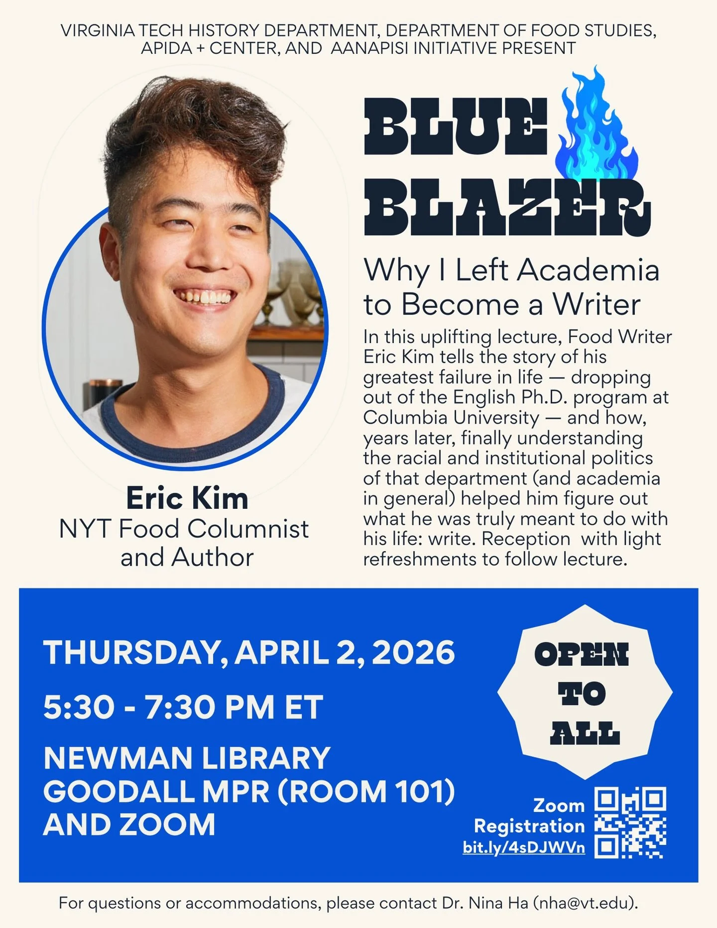 I love how blunt this flier is 😂 Thanks so much to @virginia.tech for having me next week. Many of you know that before writing professionally, I was studying to become an English professor but failed my 3rd year oral exam and dropped out. The story