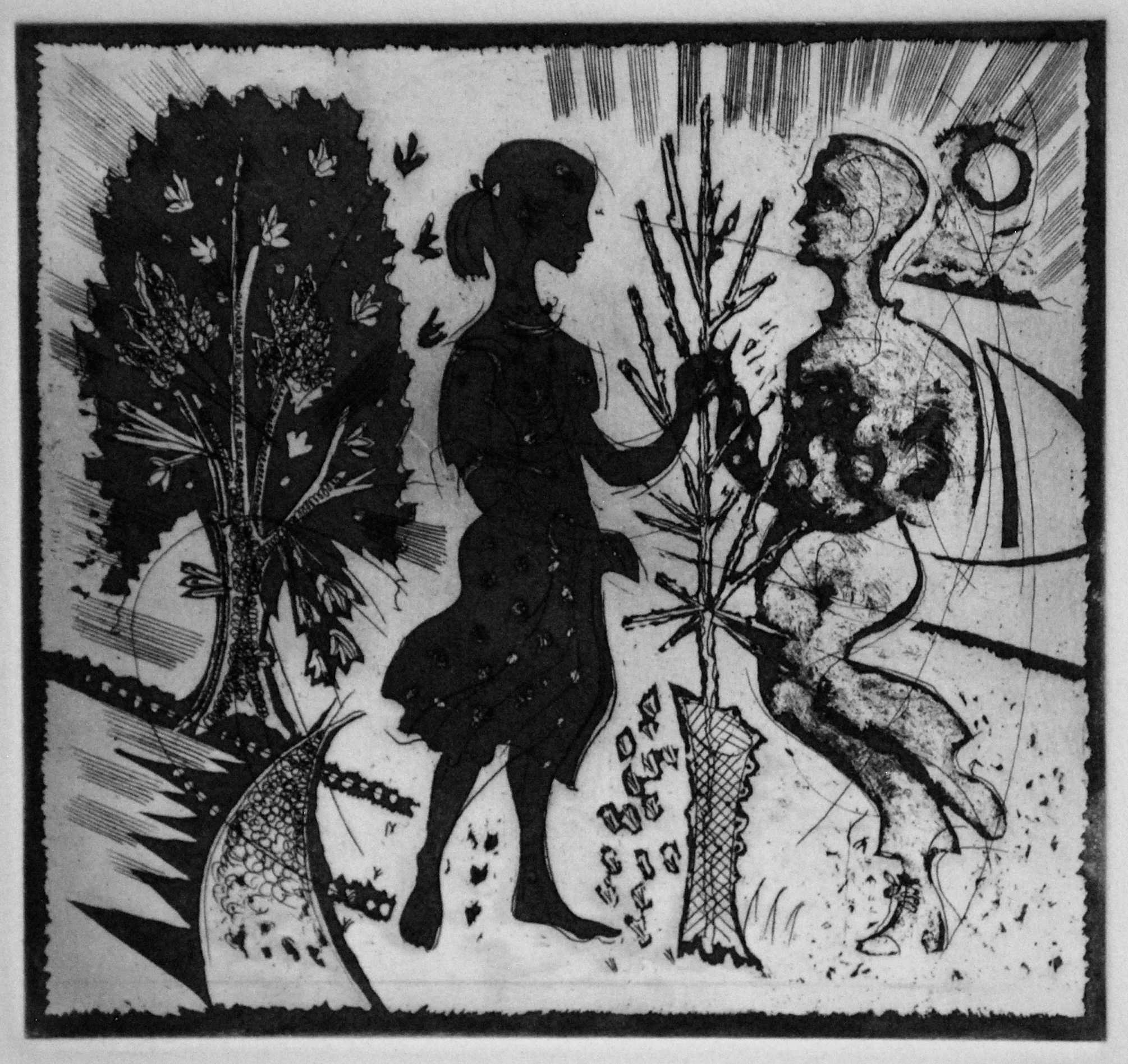     Girl and Male Figure with Tree&nbsp;  Etching, late 1980s, 20 x 19cm 