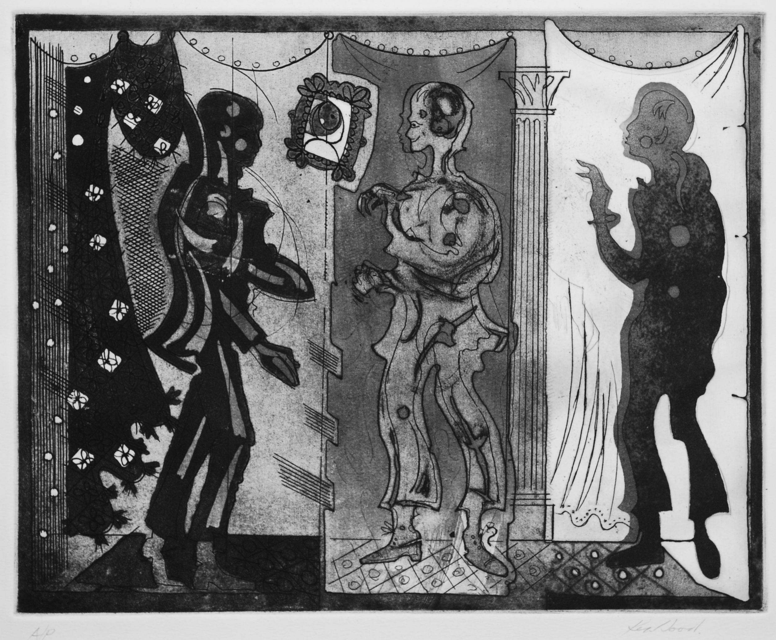  Three figures with Curtain Etching c1985,&nbsp;30 x 24cm 