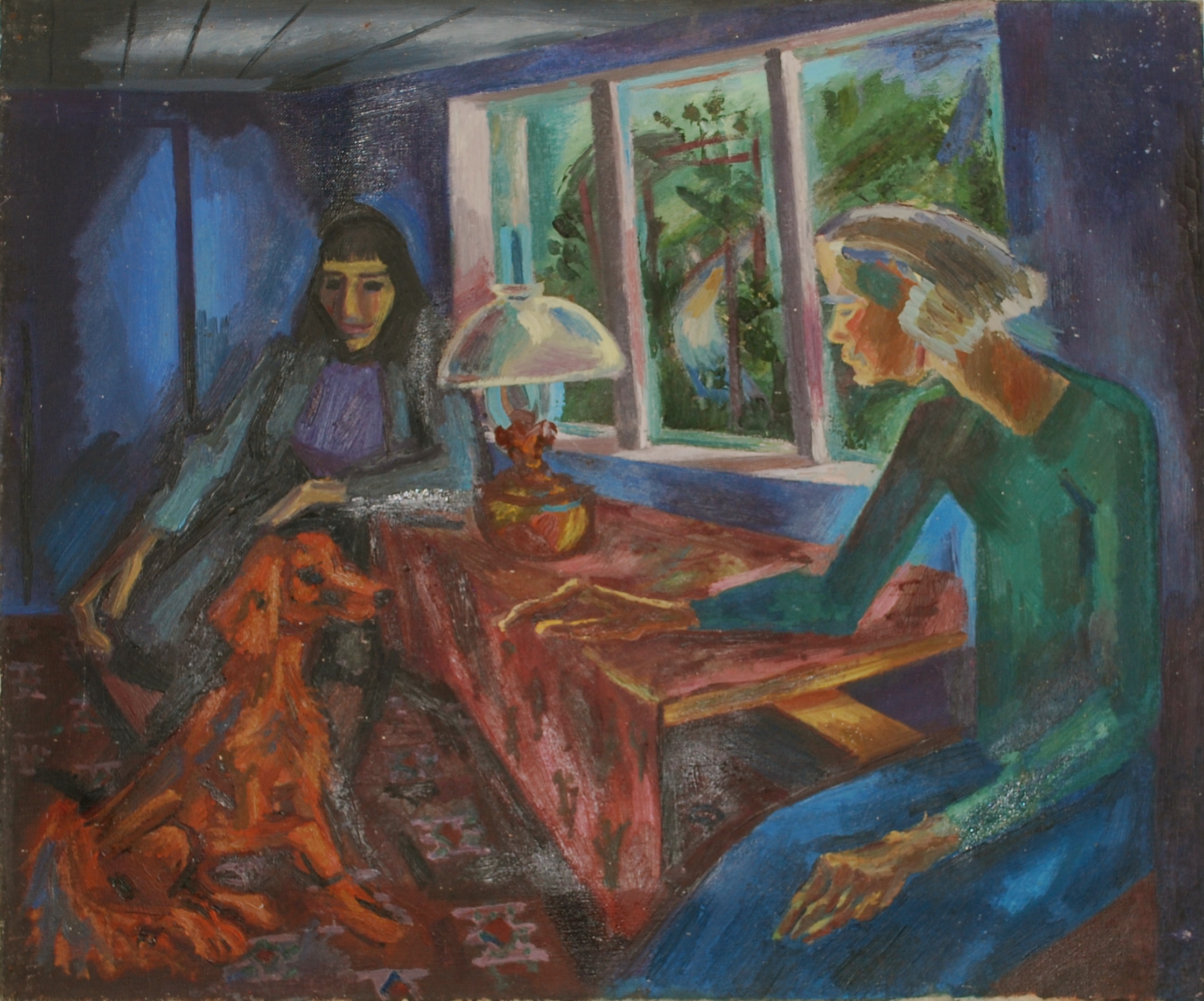  Two Figures with a Dog &nbsp;at a Window Oil on Canvas, c1940, &nbsp;76 x 64 cm 