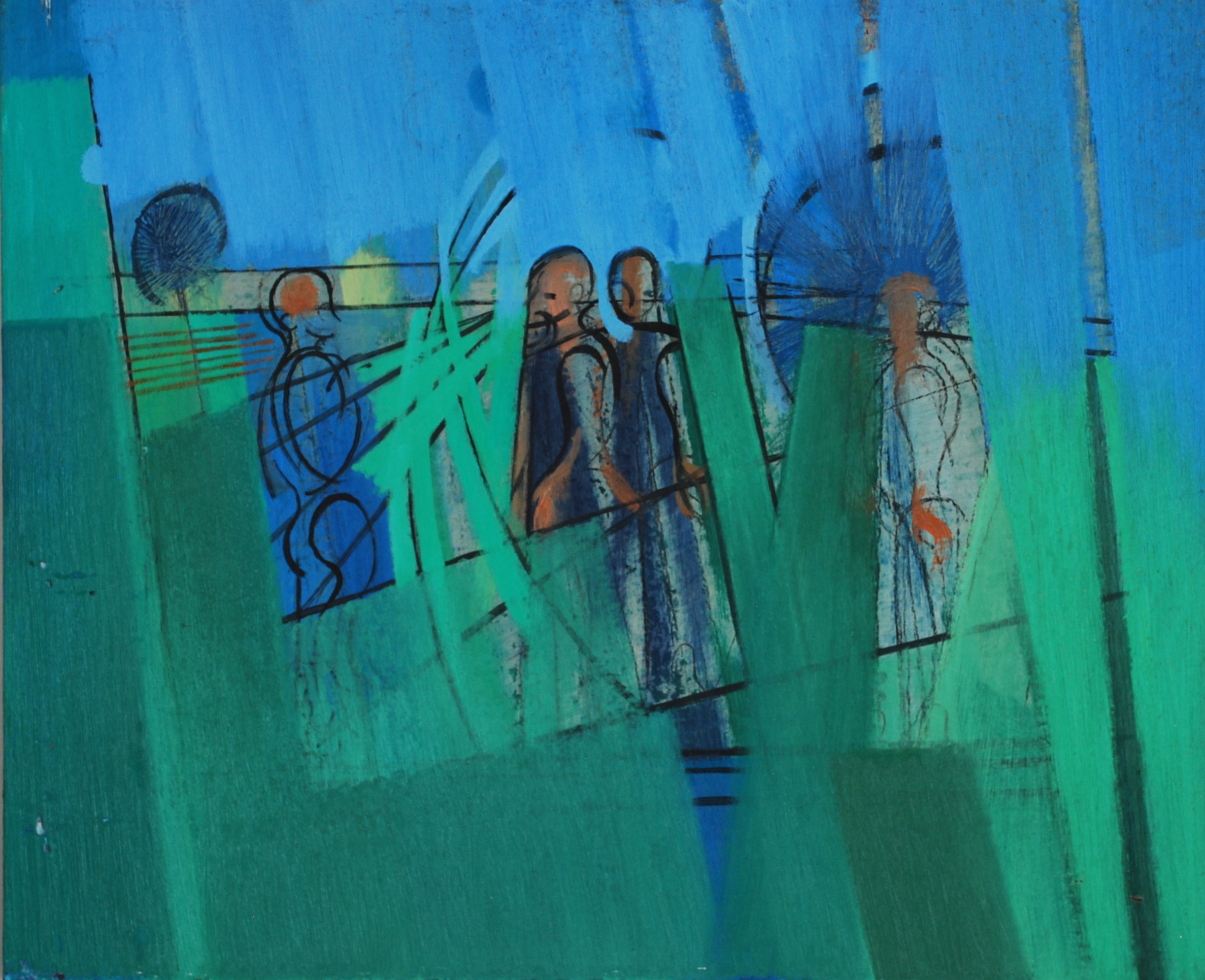  Figures against Landscape, c1990 Oil on Canvas Board, 56 x 46 cm 