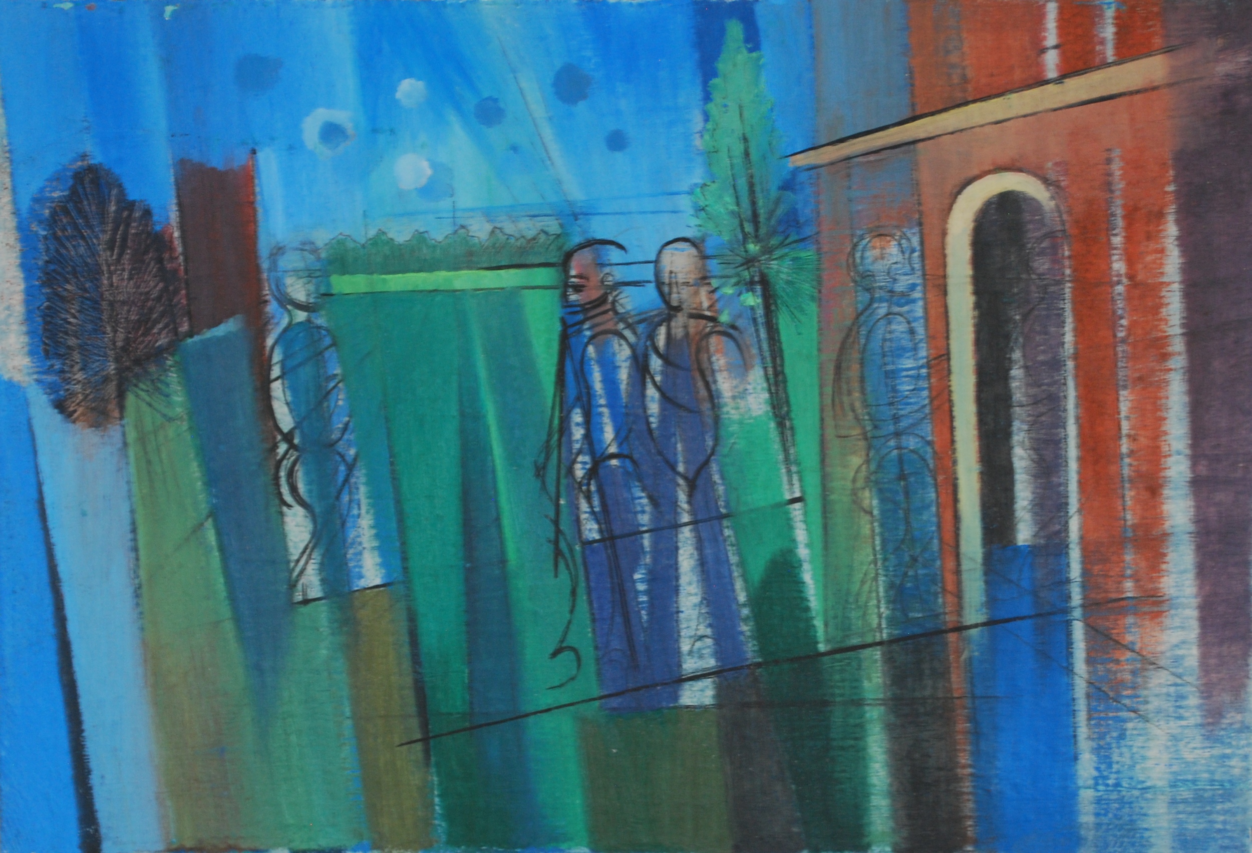  Figures in Landcape with Archway, c1990 Oil on Canvas Board, 66 x 45 cm 