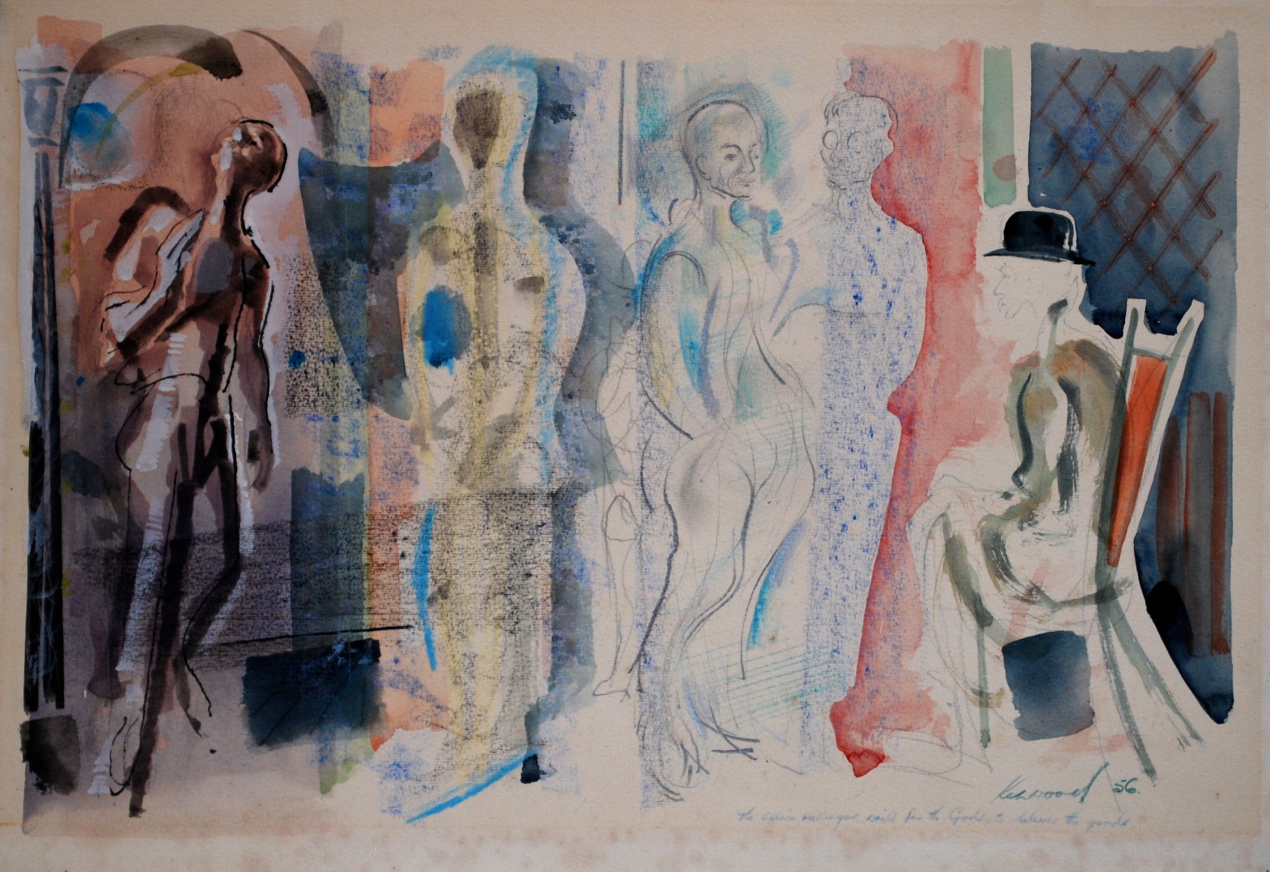  Five Figures in Interior, 1956 Watercolour &amp; Ink &nbsp;47 x 30cm 